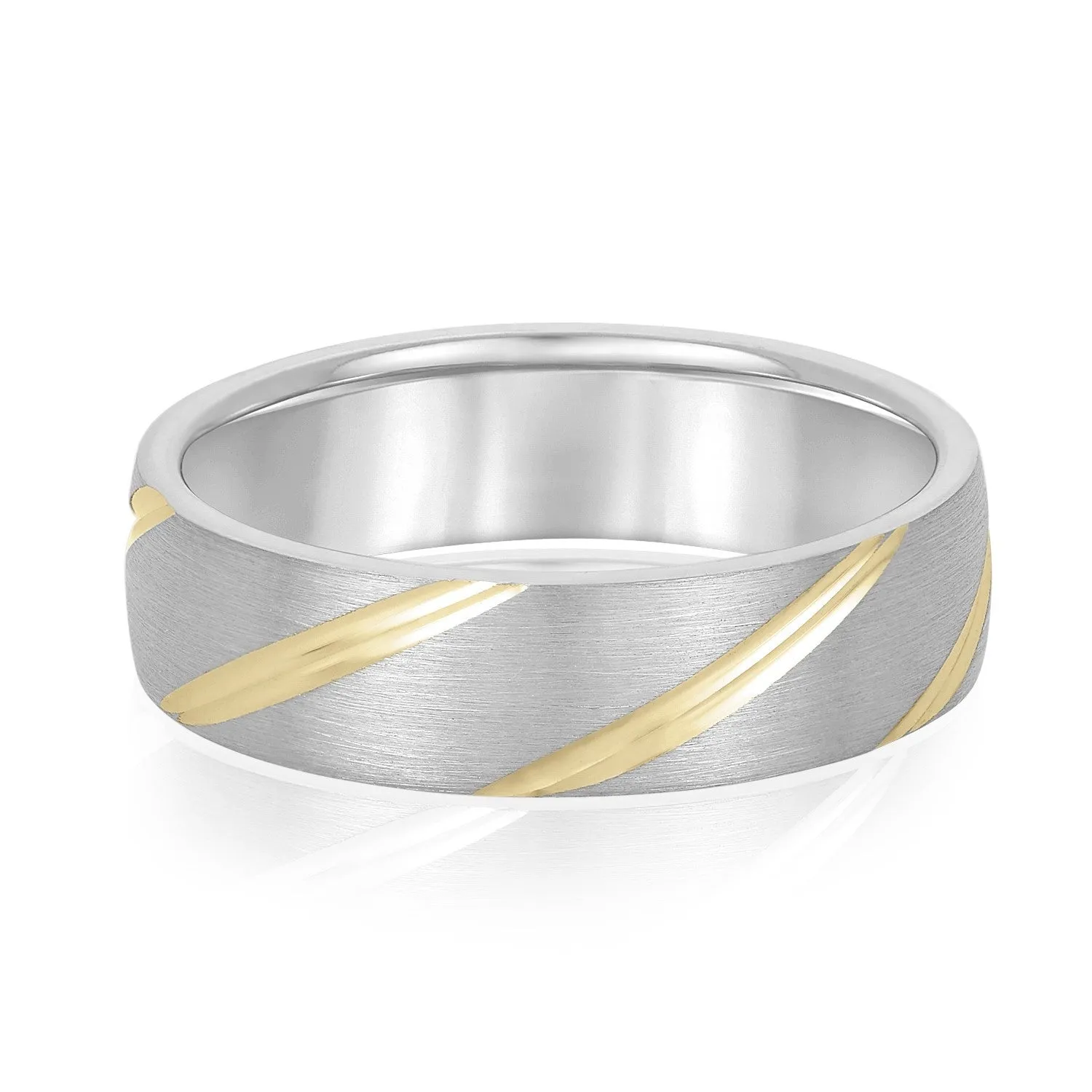 14K White And Yellow Gold Men's 6MM Wedding Band With Grooves And Brushed Finish