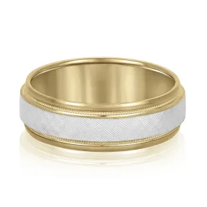 14K Yellow And White Gold Men's 6MM Beveled Wedding Ring With Florentine Finish And Milgrain Accents