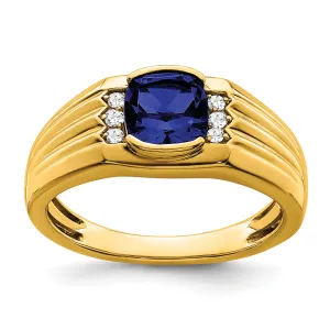 14k Yellow Gold Cushion Created Sapphire Diamond Mens Ring