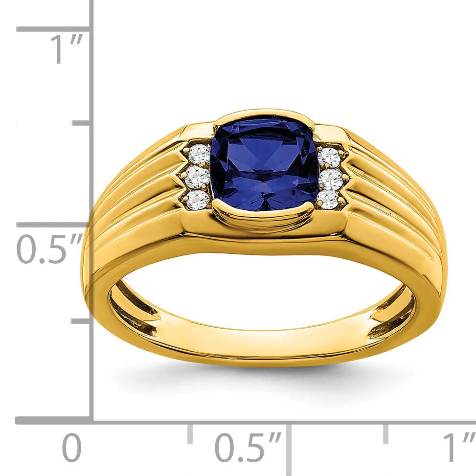 14k Yellow Gold Cushion Created Sapphire Diamond Mens Ring