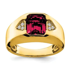 14k Yellow Gold Emerald-cut Created Ruby and Diamond Men's Ring.