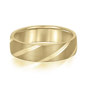 14K Yellow Gold Men's 6MM Wedding Band With Grooves And Brushed Finish