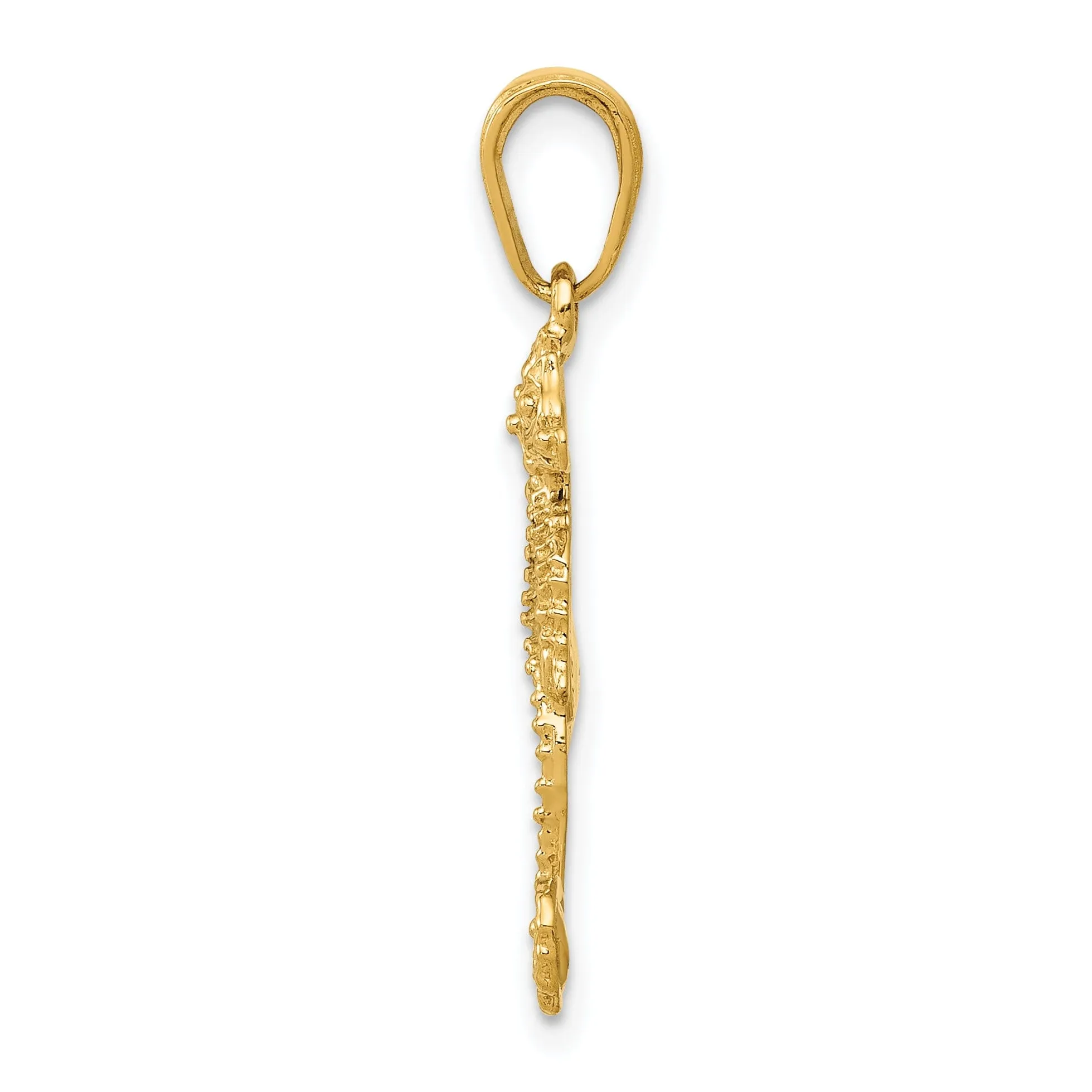 14K Yellow Gold Solid Polished Textured Finish Men's Seahorse Charm Pendant