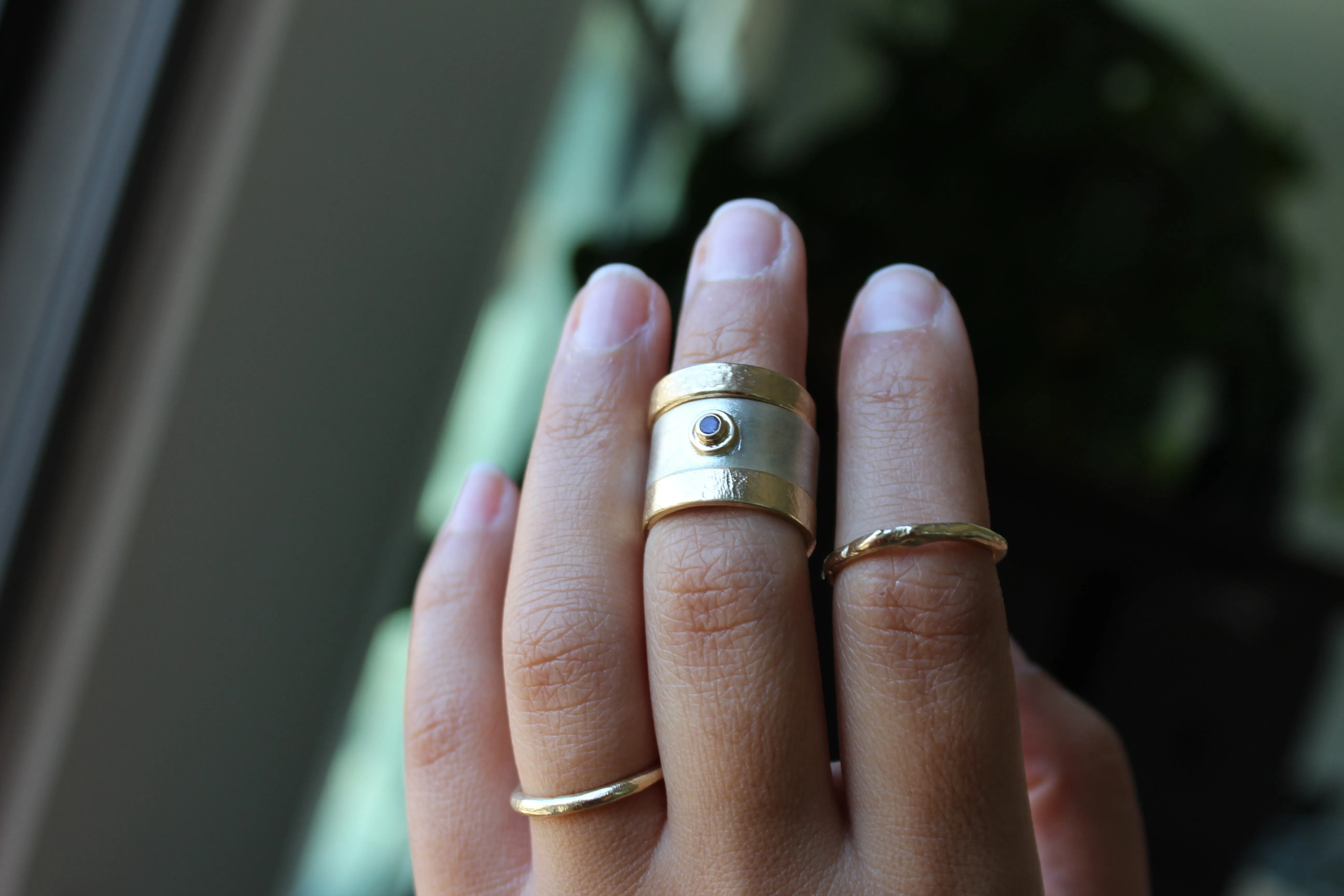 14k yellow gold wedding ring or stacker with shallow line texture
