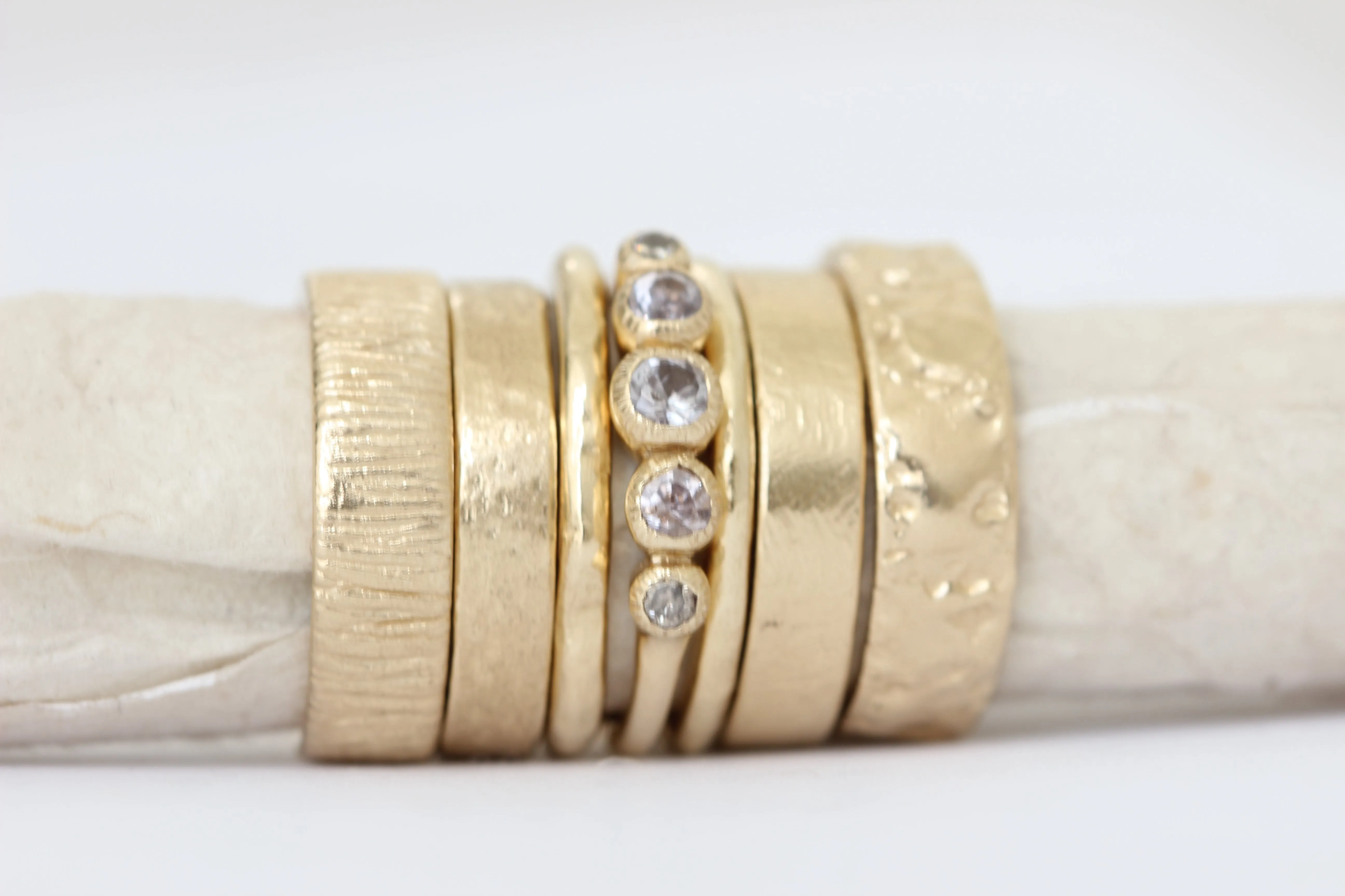 14k yellow gold wedding ring or stacker with shallow line texture