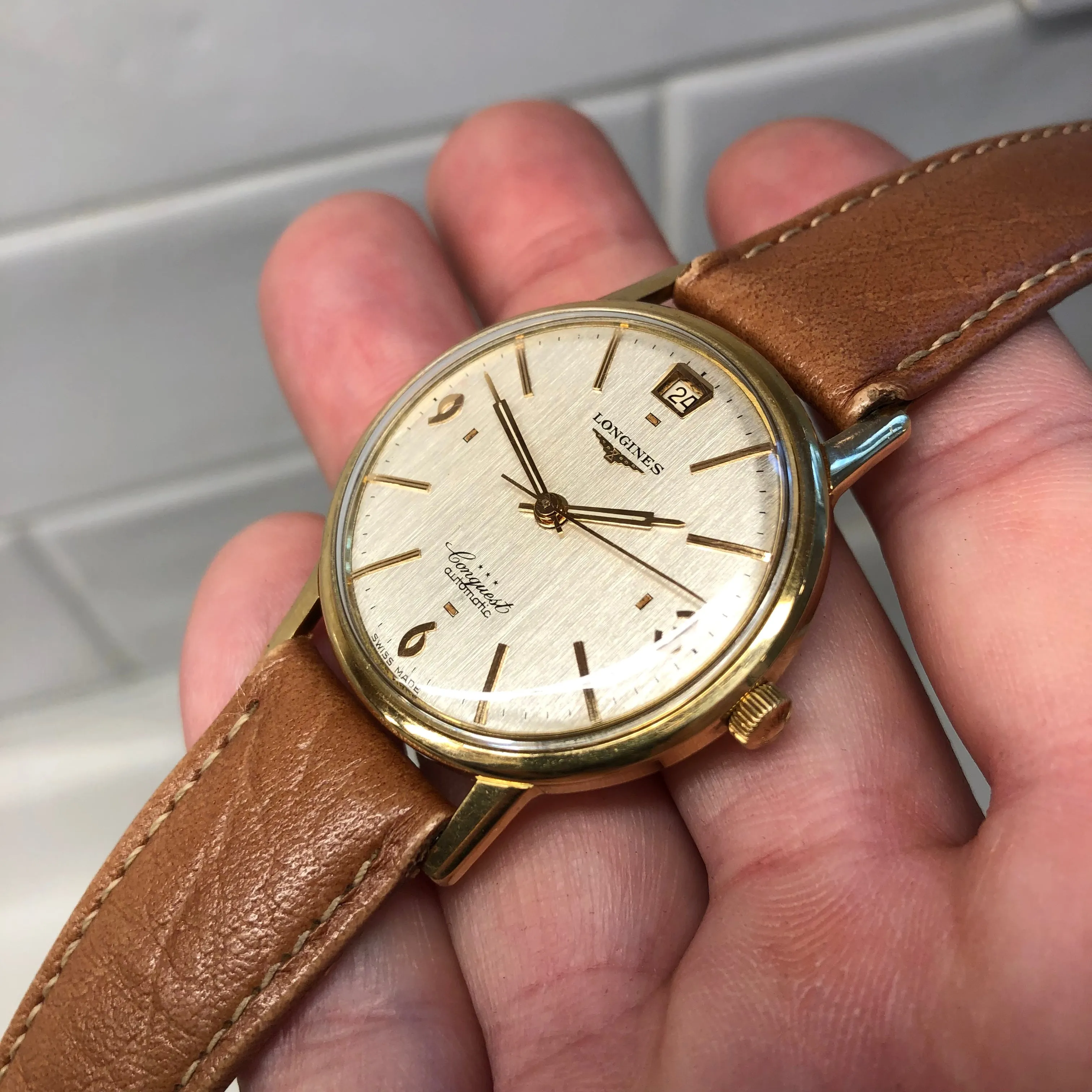 1950s Longines Conquest 9025 18K Yellow Gold Automatic Wristwatch