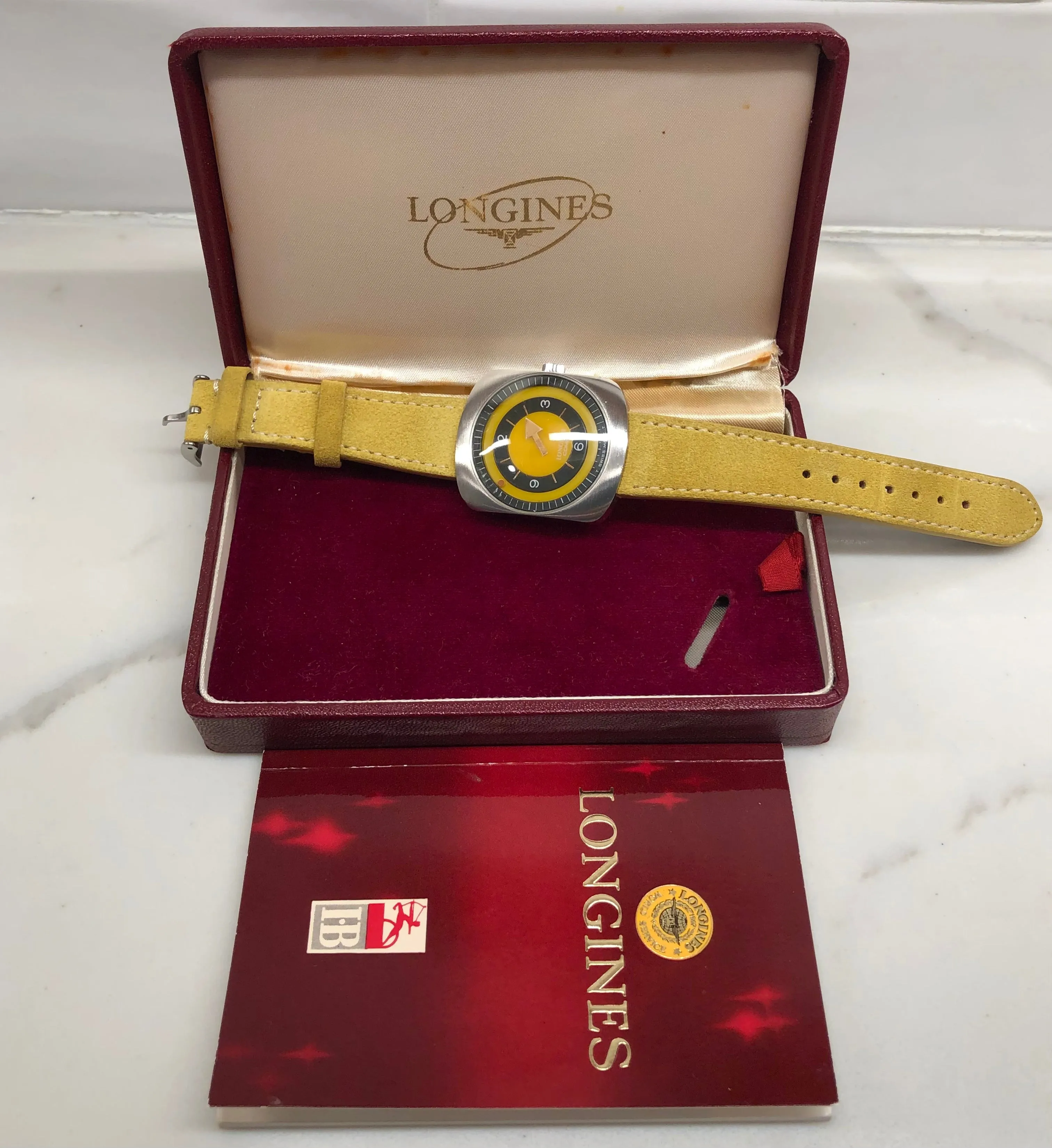 1971 Longines Comet 8475 Yellow Mystery Dial Steel Vintage Wristwatch with Box and Papers