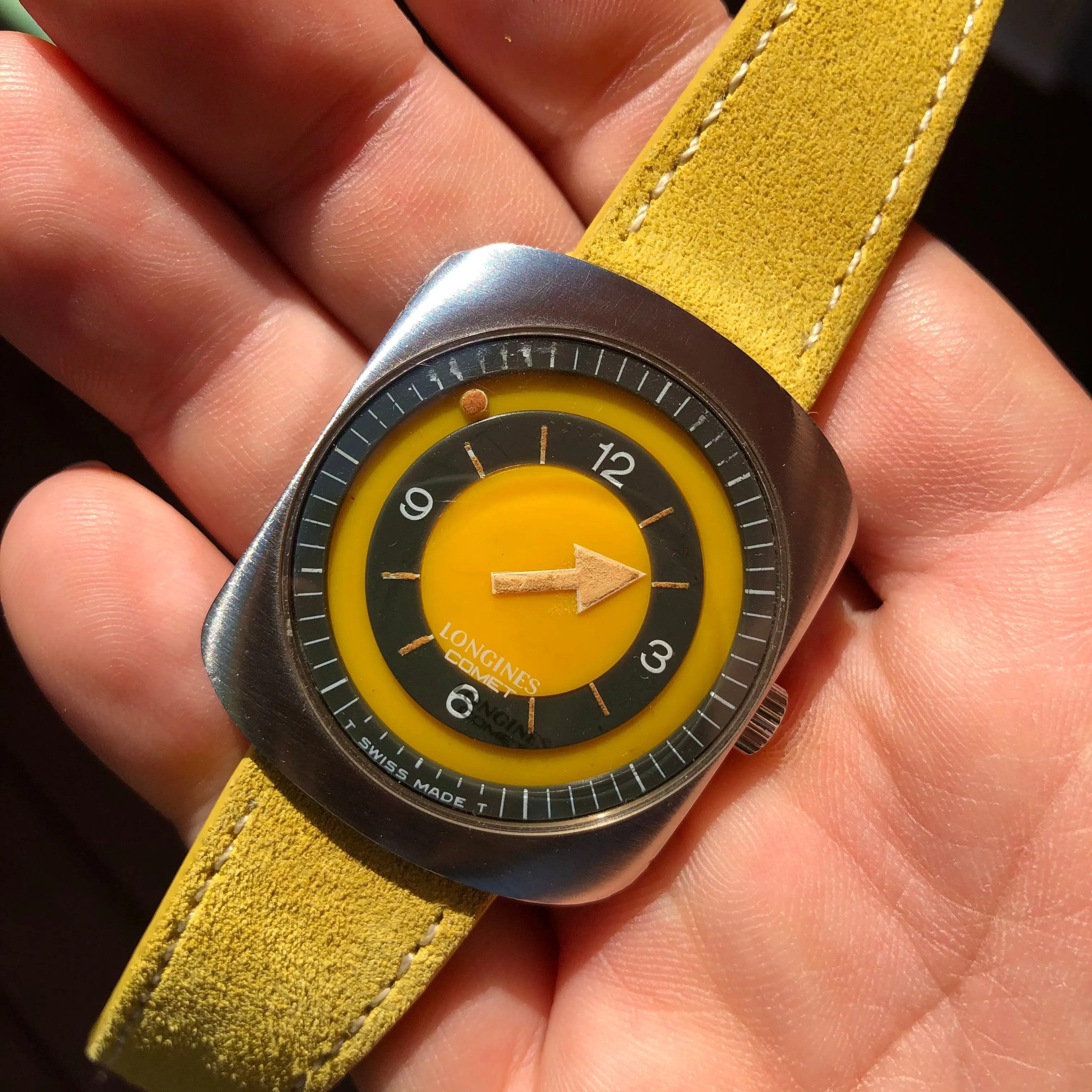 1971 Longines Comet 8475 Yellow Mystery Dial Steel Vintage Wristwatch with Box and Papers