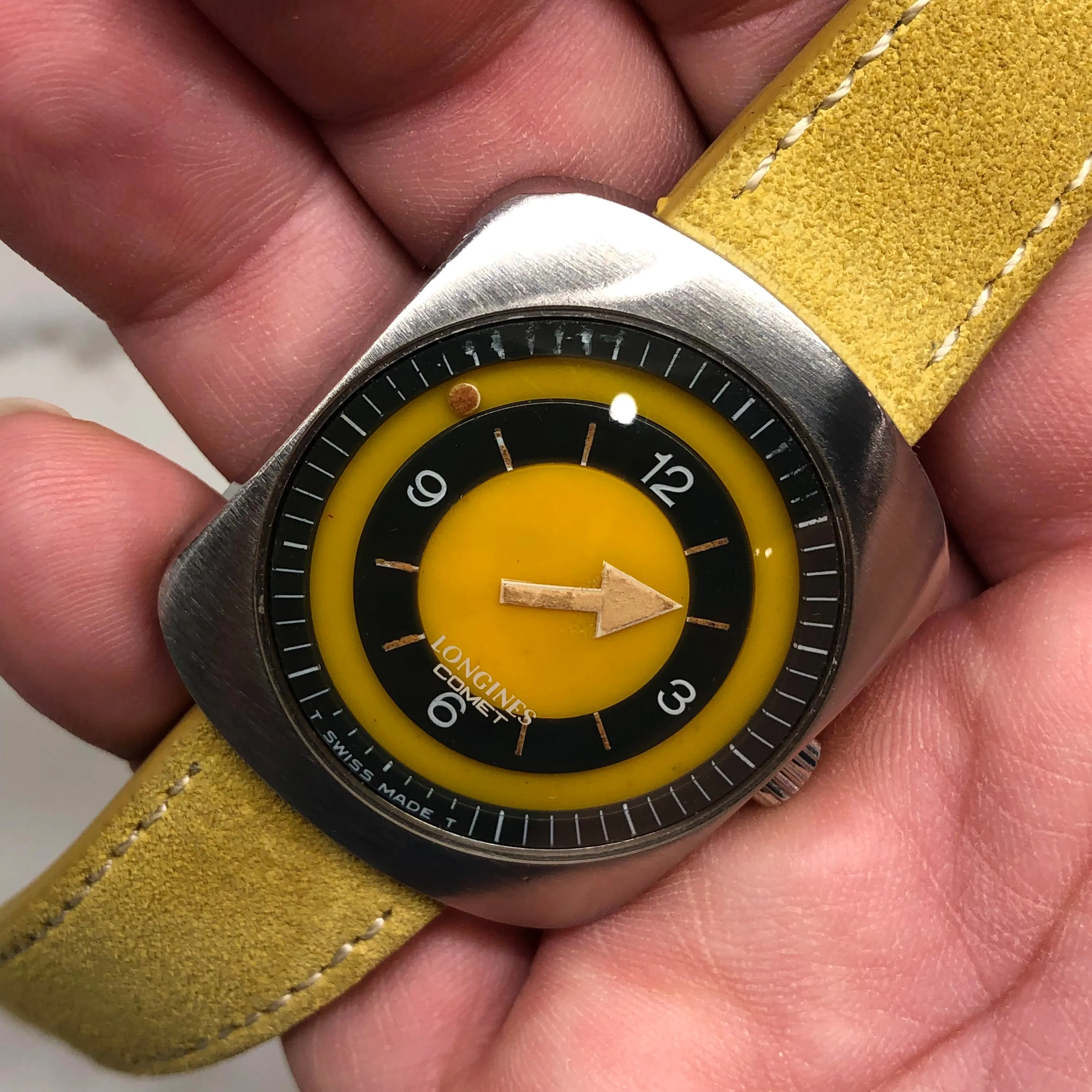 1971 Longines Comet 8475 Yellow Mystery Dial Steel Vintage Wristwatch with Box and Papers
