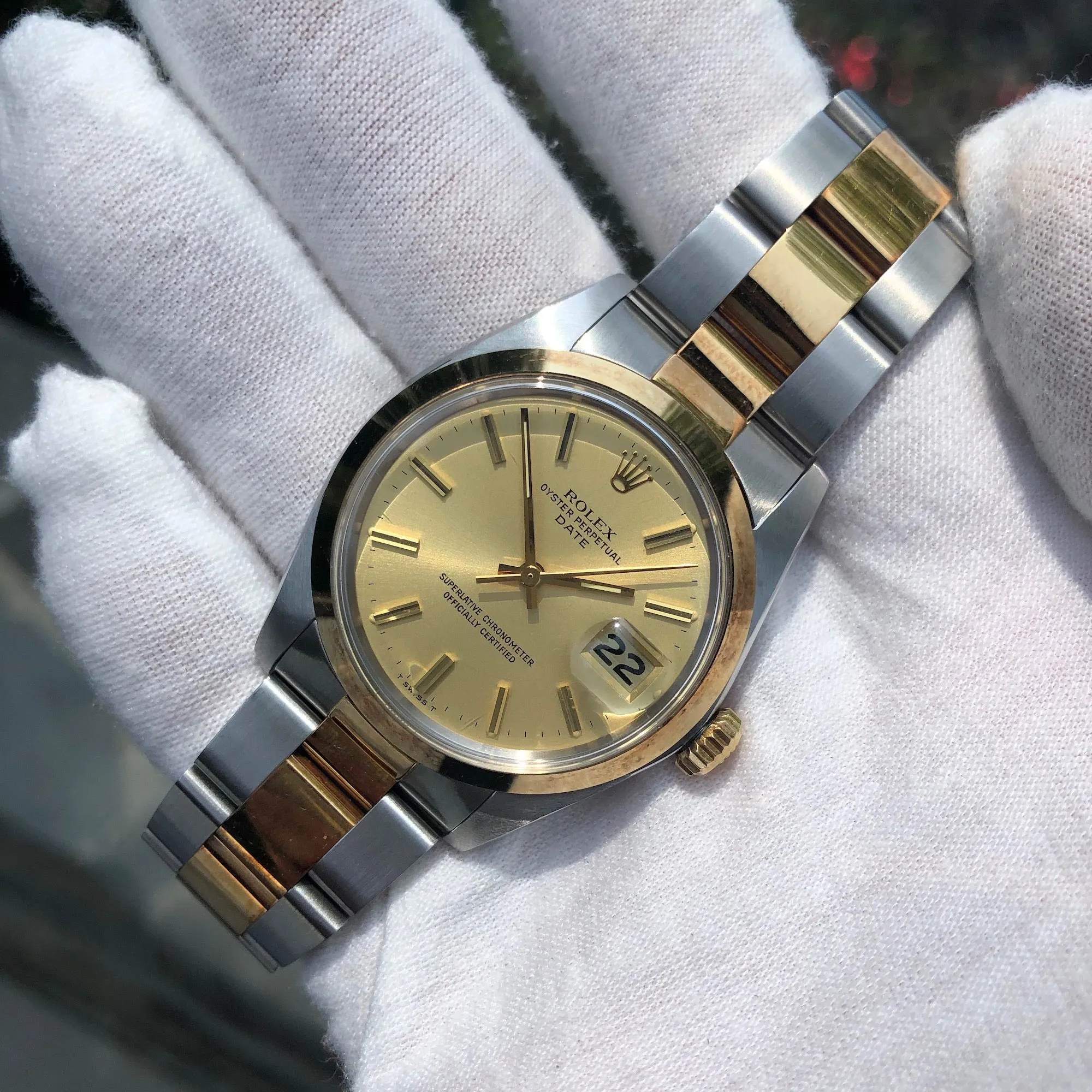 1974 Vintage Rolex Date 1500 Two Tone Champagne Stick Automatic Wristwatch New Old Stock