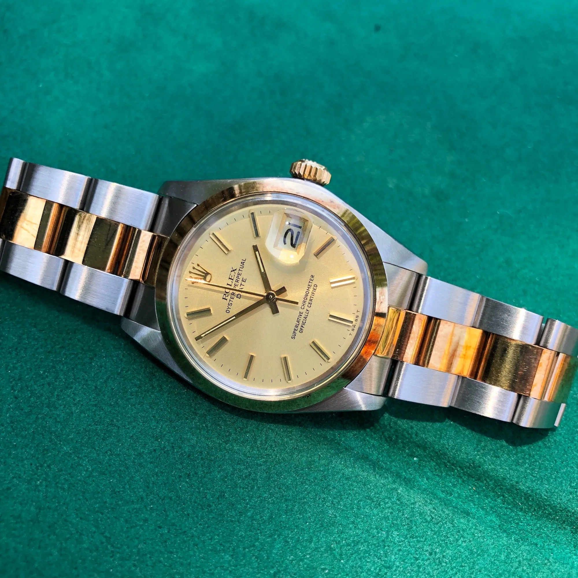 1974 Vintage Rolex Date 1500 Two Tone Champagne Stick Automatic Wristwatch New Old Stock