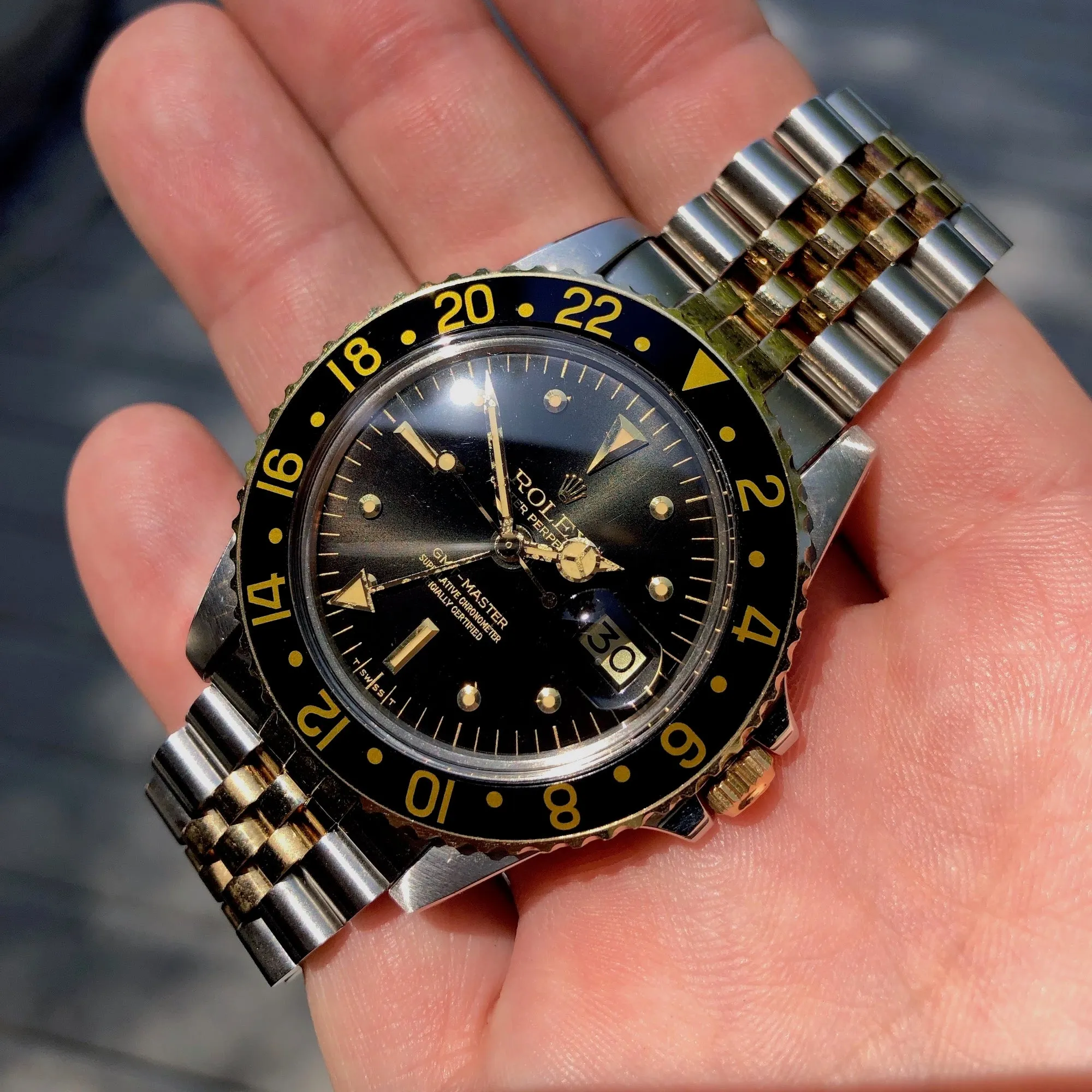 1978 Rolex GMT MASTER 1675 Radial Dial Black Tiger Eye Nipple Two Tone Jubilee Bracelet Wristwatch