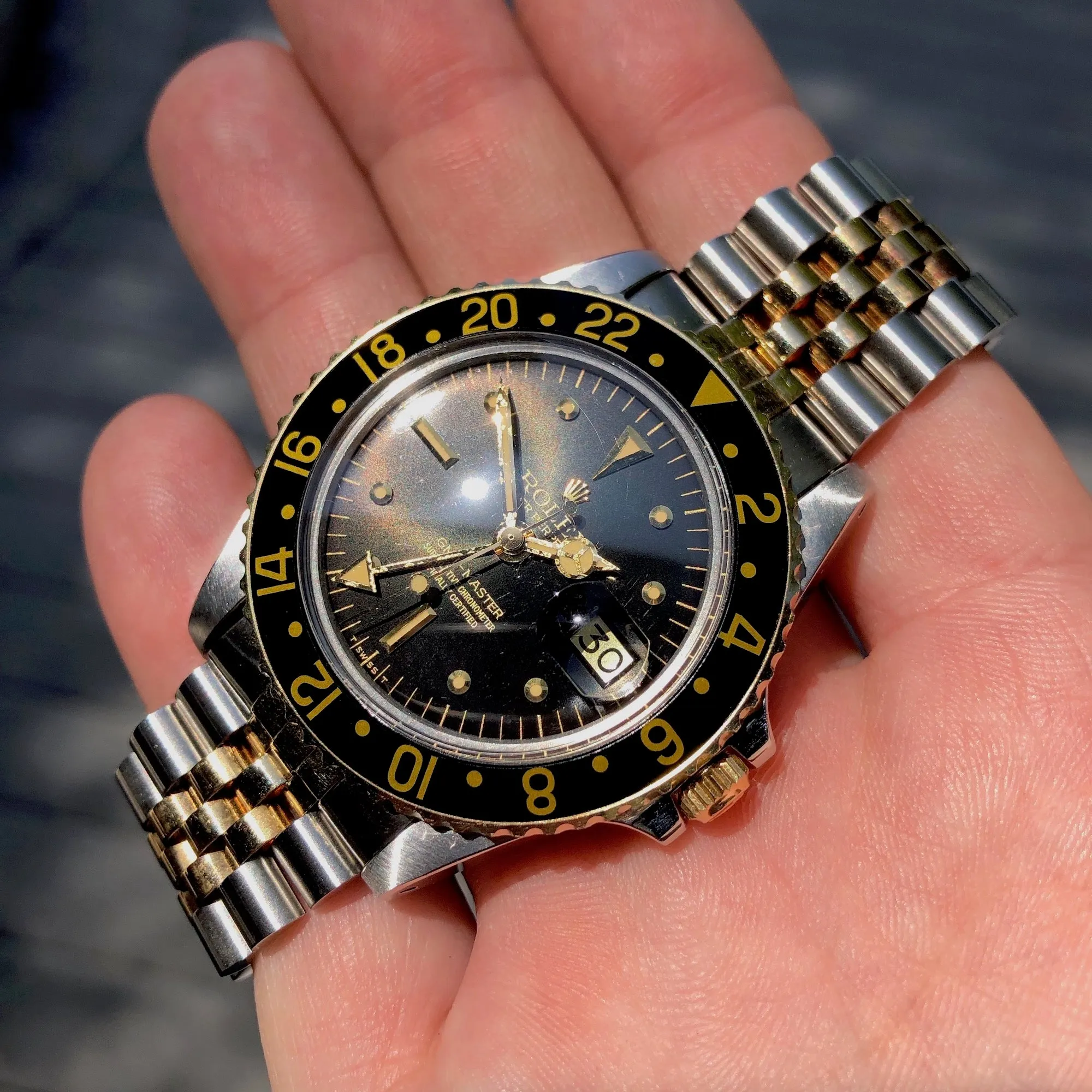 1978 Rolex GMT MASTER 1675 Radial Dial Black Tiger Eye Nipple Two Tone Jubilee Bracelet Wristwatch