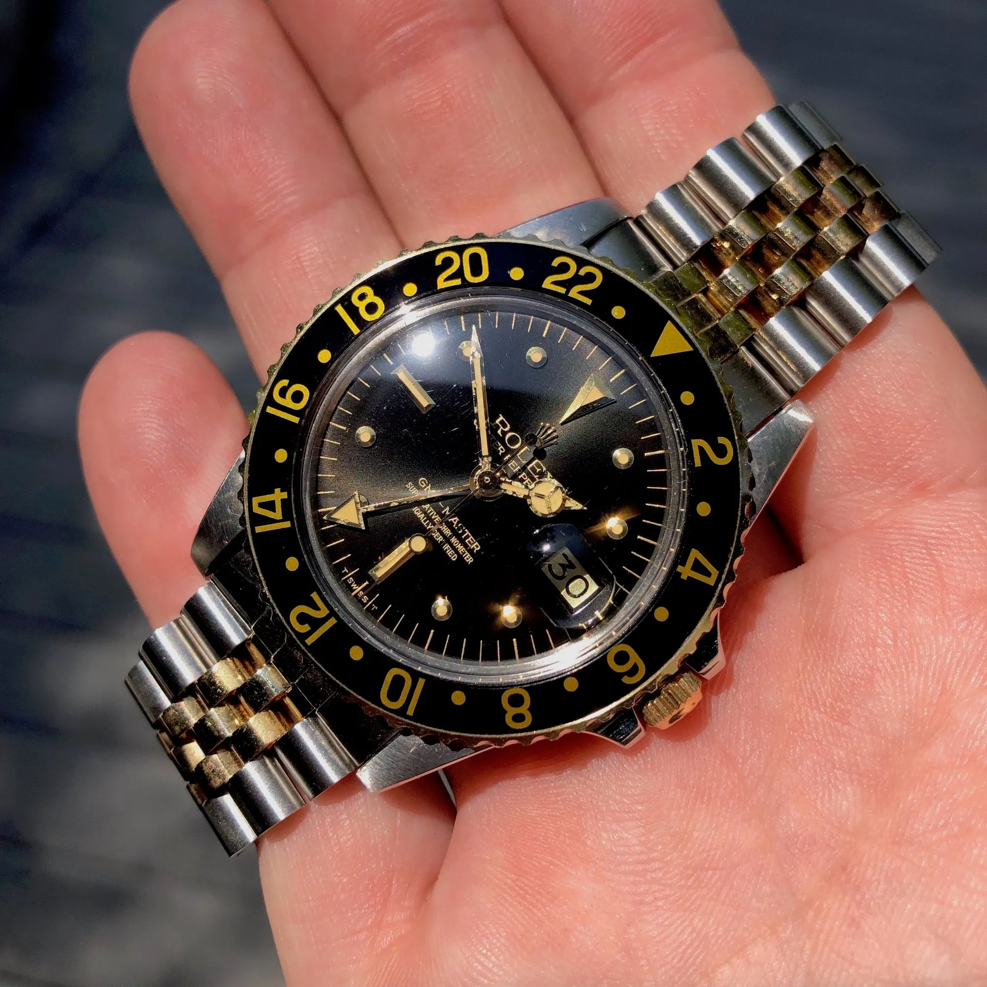 1978 Rolex GMT MASTER 1675 Radial Dial Black Tiger Eye Nipple Two Tone Jubilee Bracelet Wristwatch