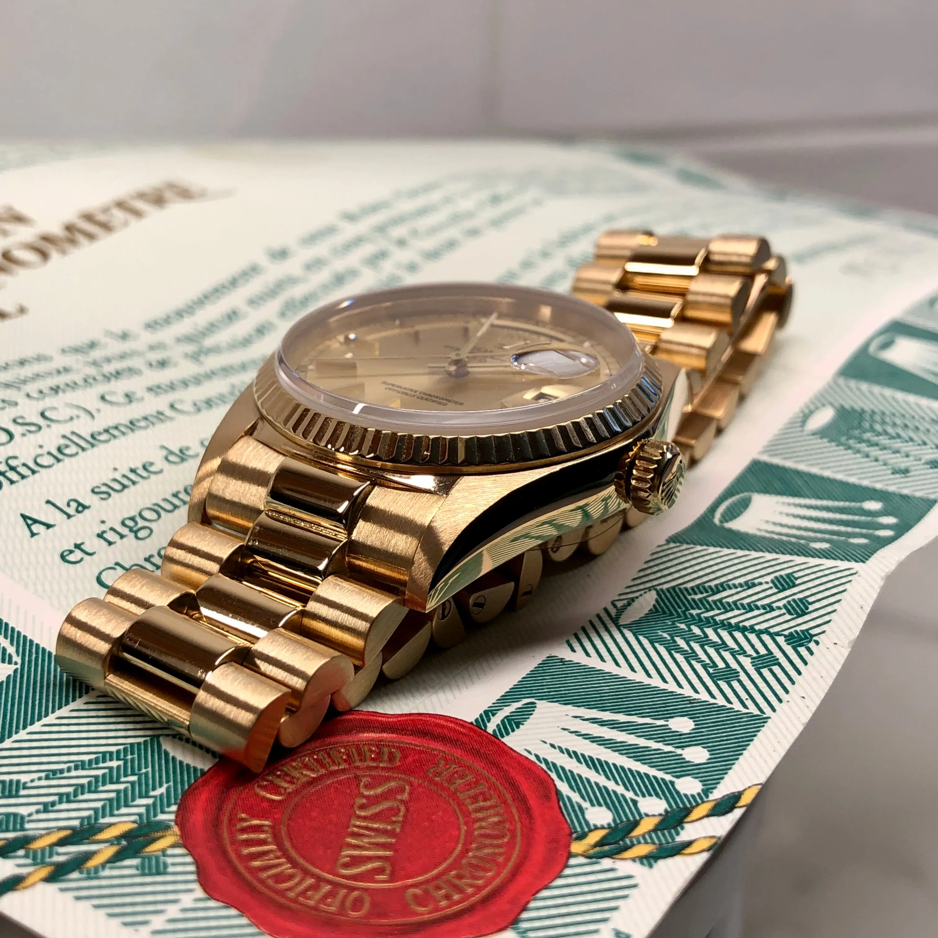 1985 Rolex President 18038 Day Date Yellow Gold Champagne Wristwatch with Papers