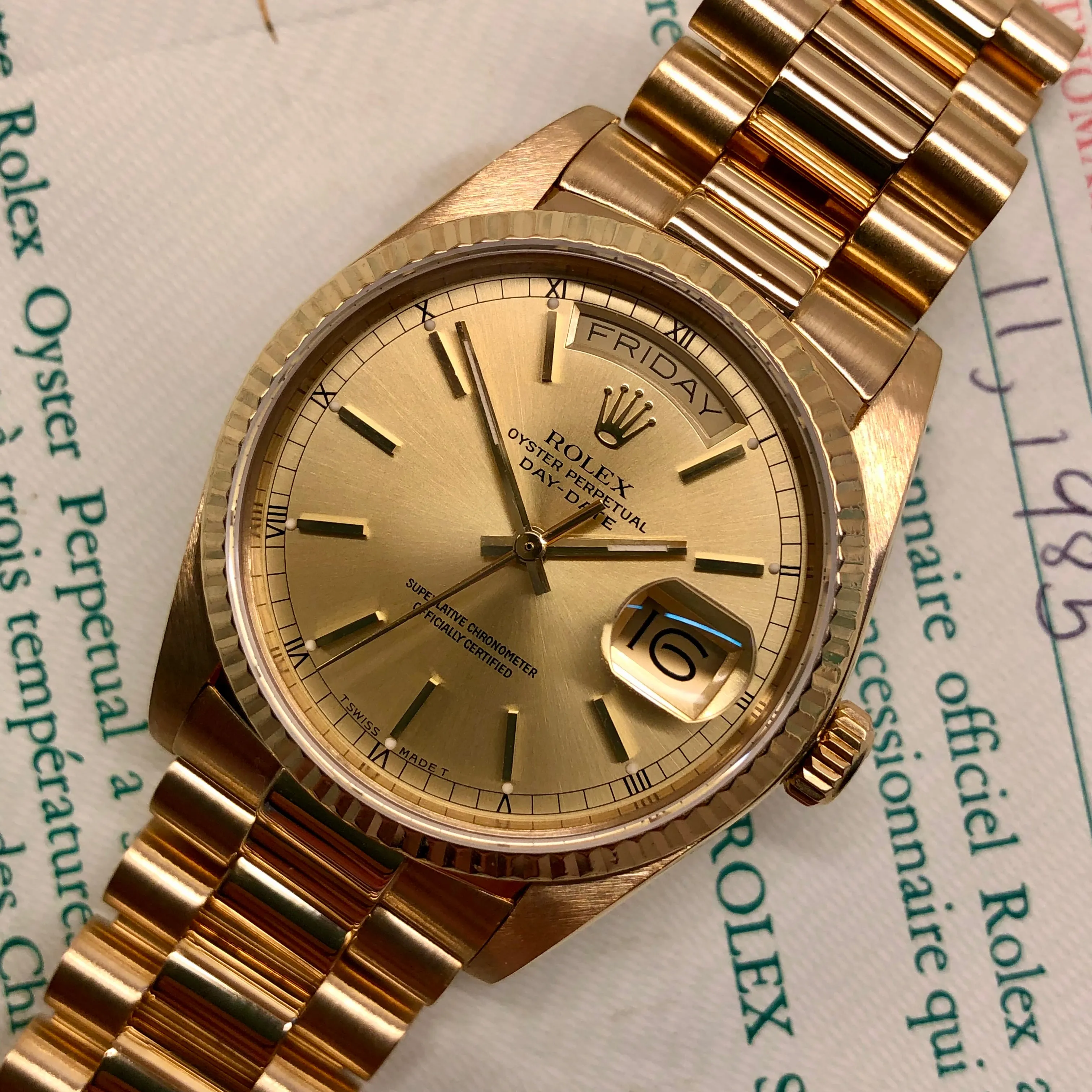 1985 Rolex President 18038 Day Date Yellow Gold Champagne Wristwatch with Papers