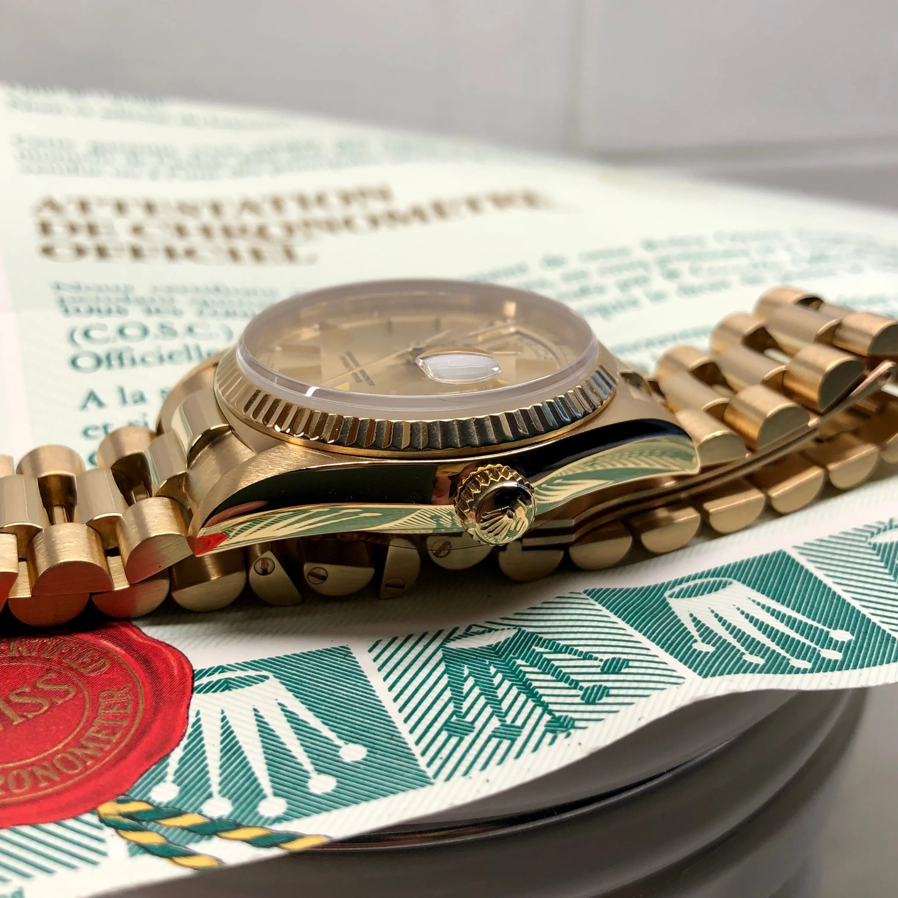 1985 Rolex President 18038 Day Date Yellow Gold Champagne Wristwatch with Papers
