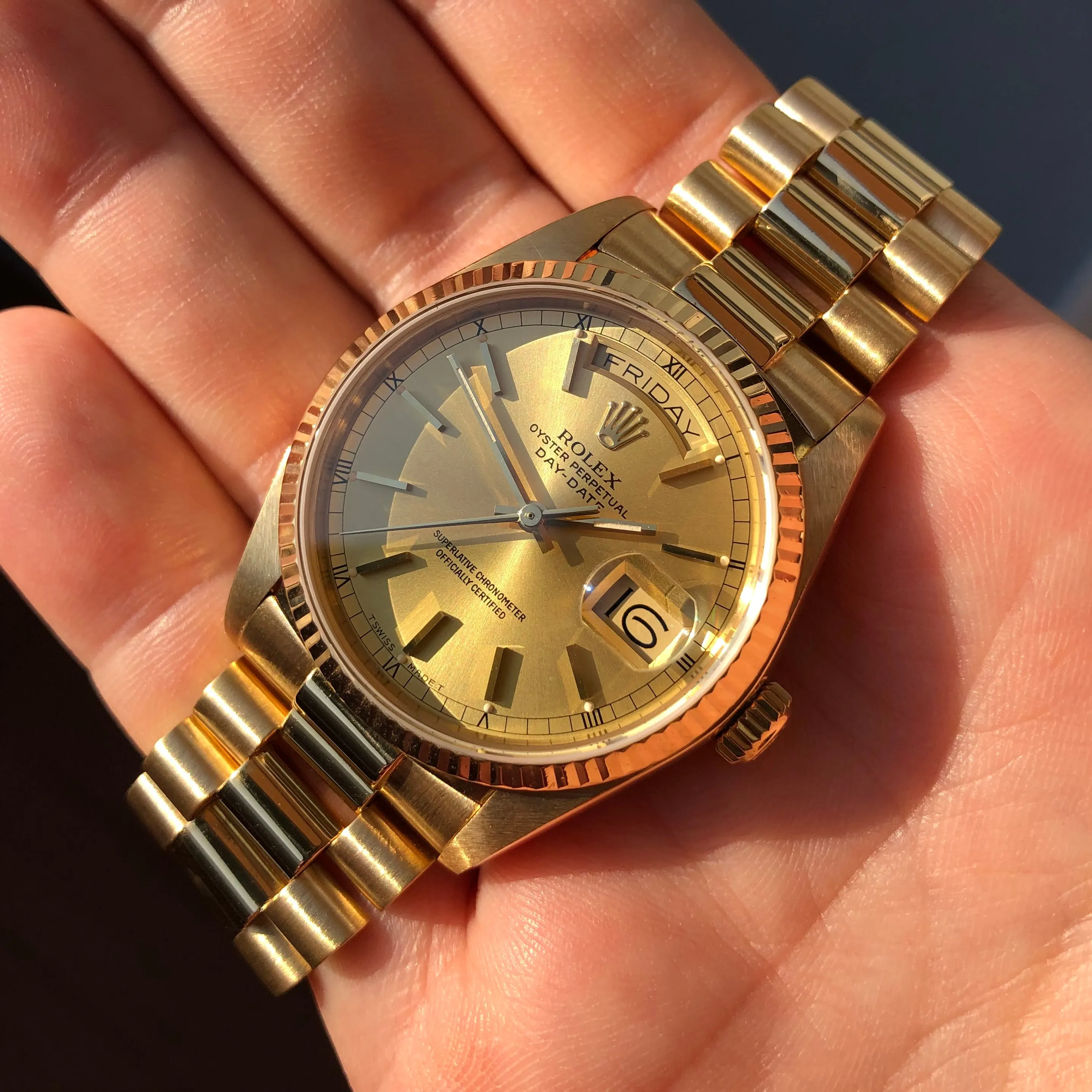 1985 Rolex President 18038 Day Date Yellow Gold Champagne Wristwatch with Papers