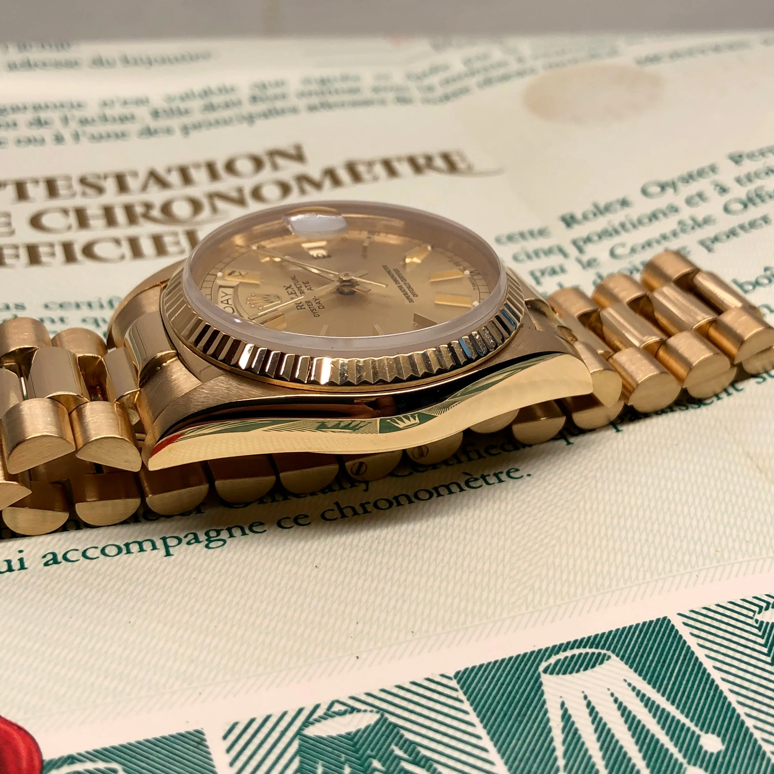 1985 Rolex President 18038 Day Date Yellow Gold Champagne Wristwatch with Papers