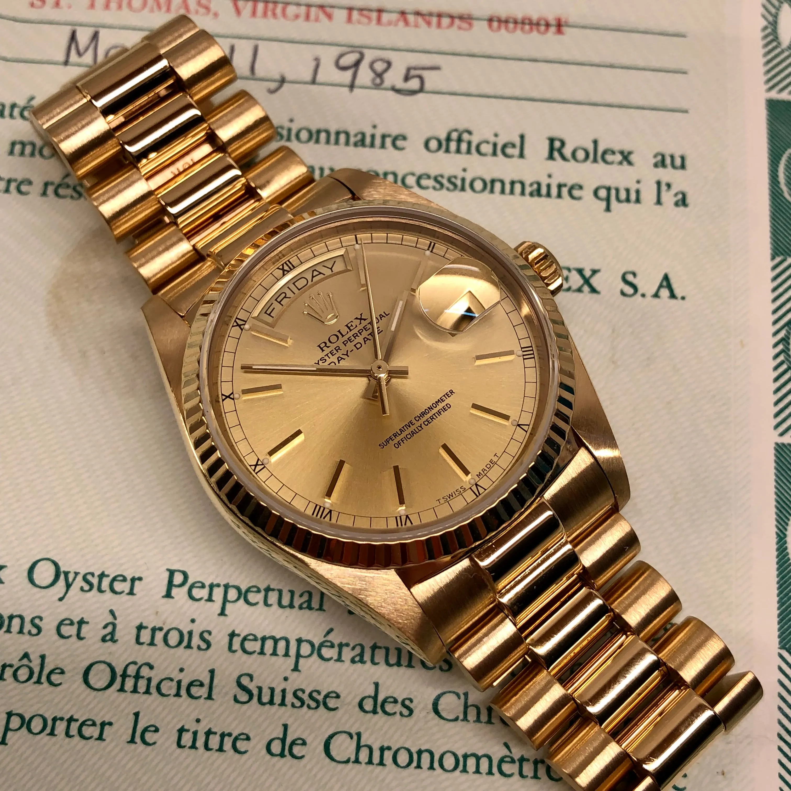 1985 Rolex President 18038 Day Date Yellow Gold Champagne Wristwatch with Papers