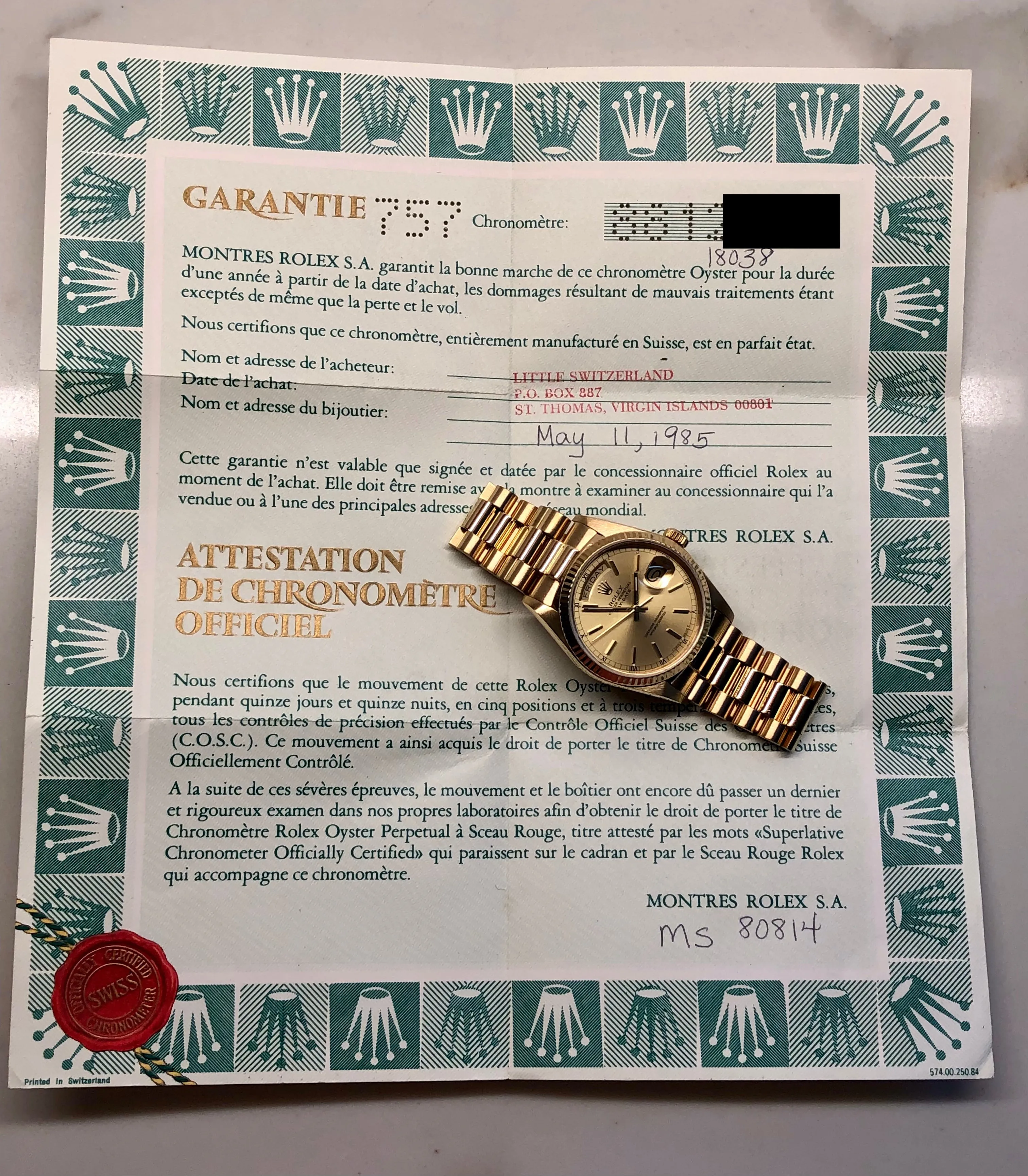 1985 Rolex President 18038 Day Date Yellow Gold Champagne Wristwatch with Papers
