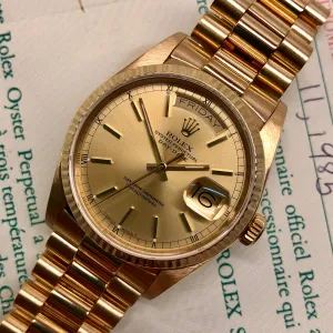 1985 Rolex President 18038 Day Date Yellow Gold Champagne Wristwatch with Papers