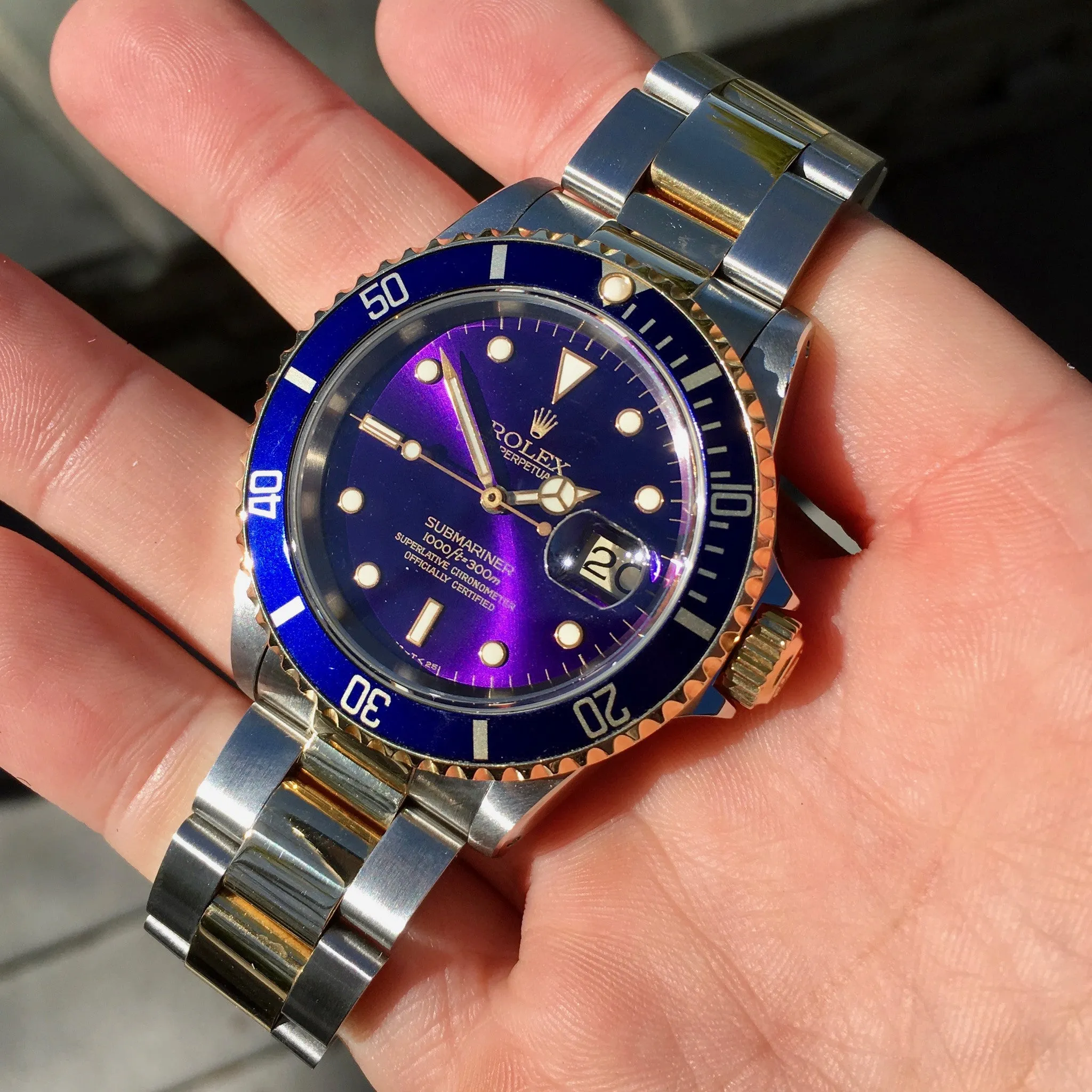 1993 Rolex Submariner 16613 Two Tone Purple Color Change Steel 18K Gold "S" Serial Wristwatch