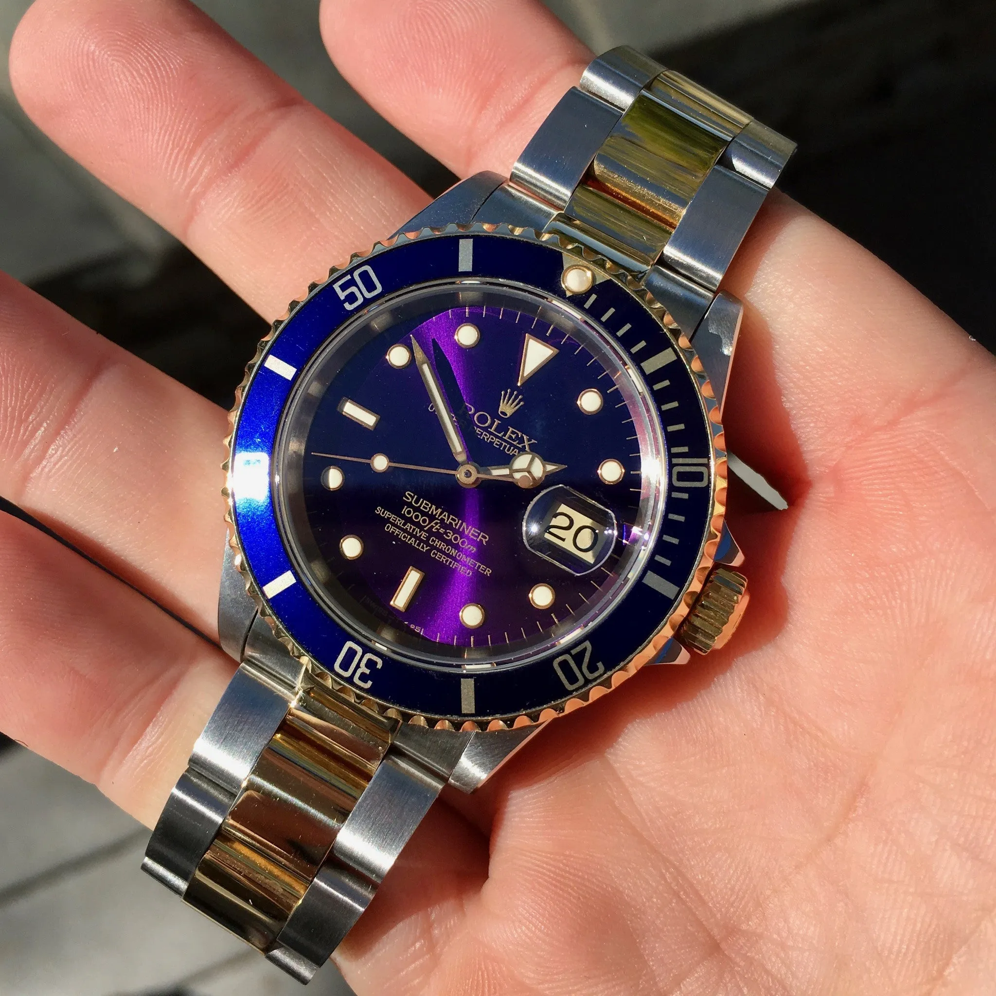 1993 Rolex Submariner 16613 Two Tone Purple Color Change Steel 18K Gold "S" Serial Wristwatch