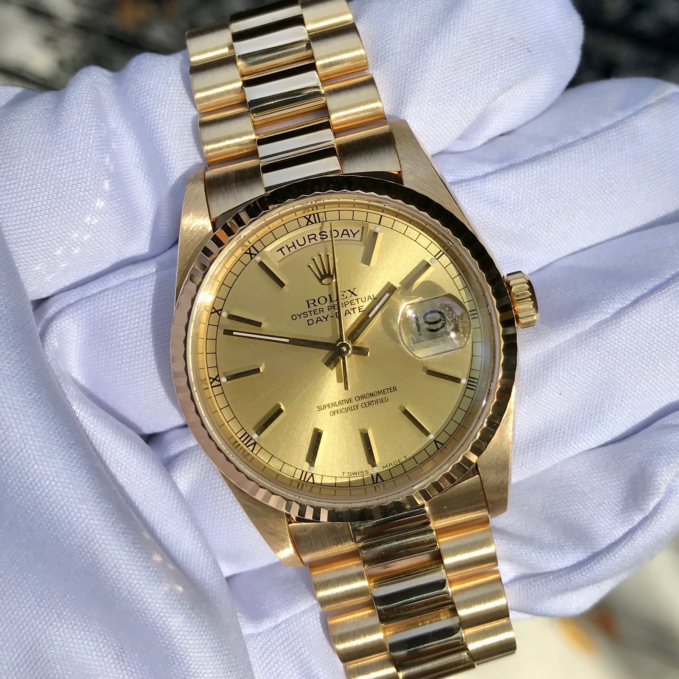 1999 Rolex President 18238 Day Date 18K Yellow Gold Champagne Stick "A" Serial Box Papers MINT
