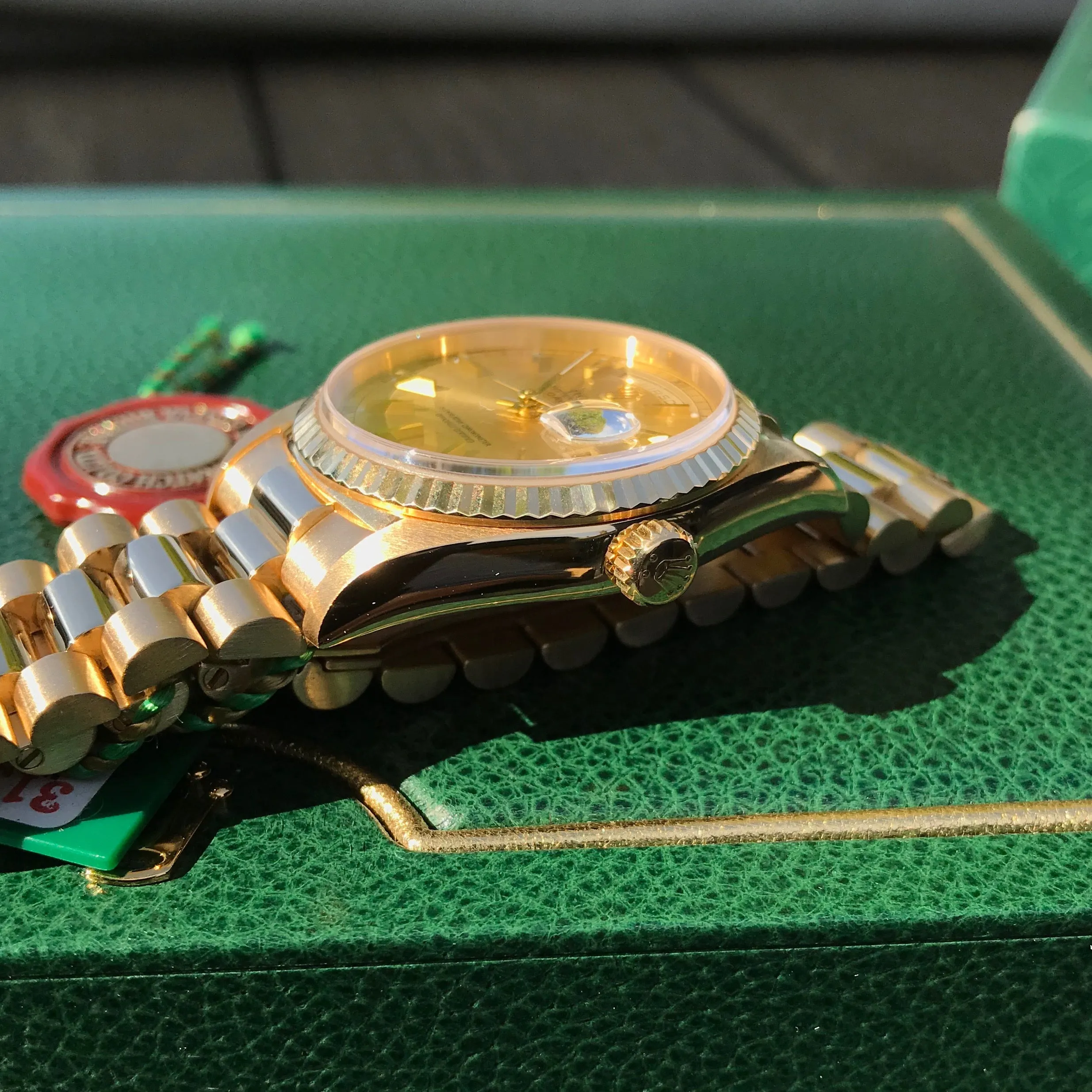 1999 Rolex President 18238 Day Date 18K Yellow Gold Champagne Stick "A" Serial Box Papers MINT