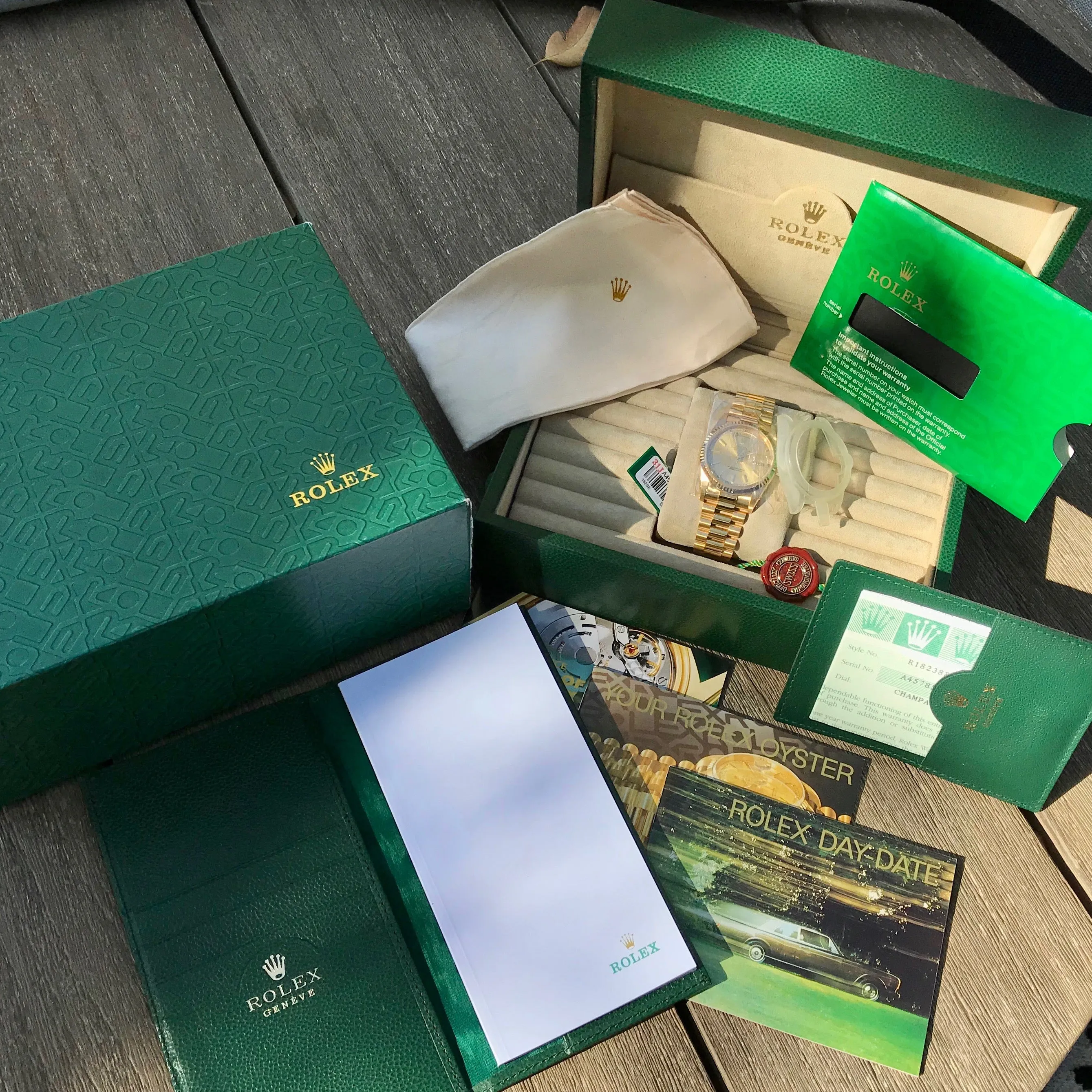 1999 Rolex President 18238 Day Date 18K Yellow Gold Champagne Stick "A" Serial Box Papers MINT