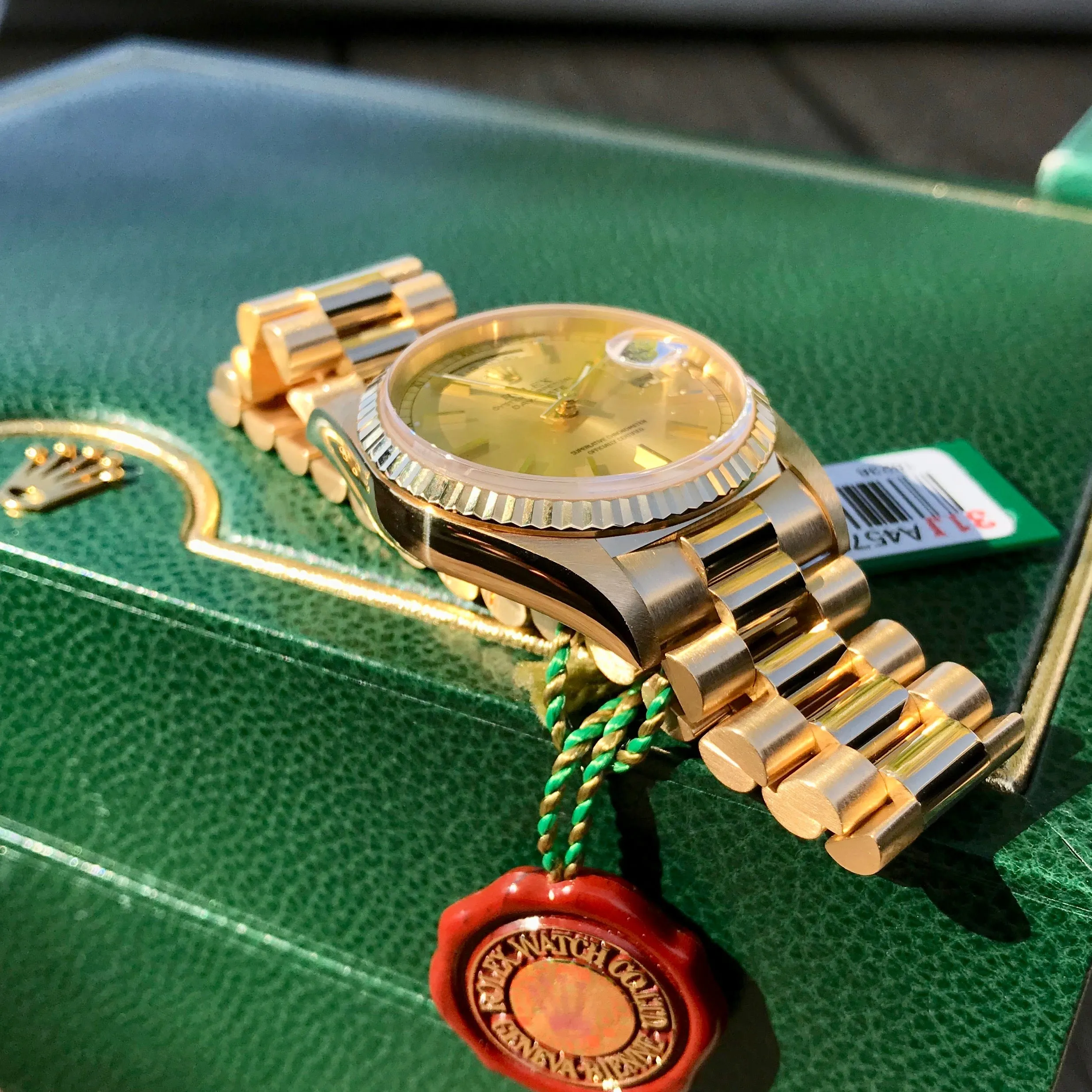 1999 Rolex President 18238 Day Date 18K Yellow Gold Champagne Stick "A" Serial Box Papers MINT