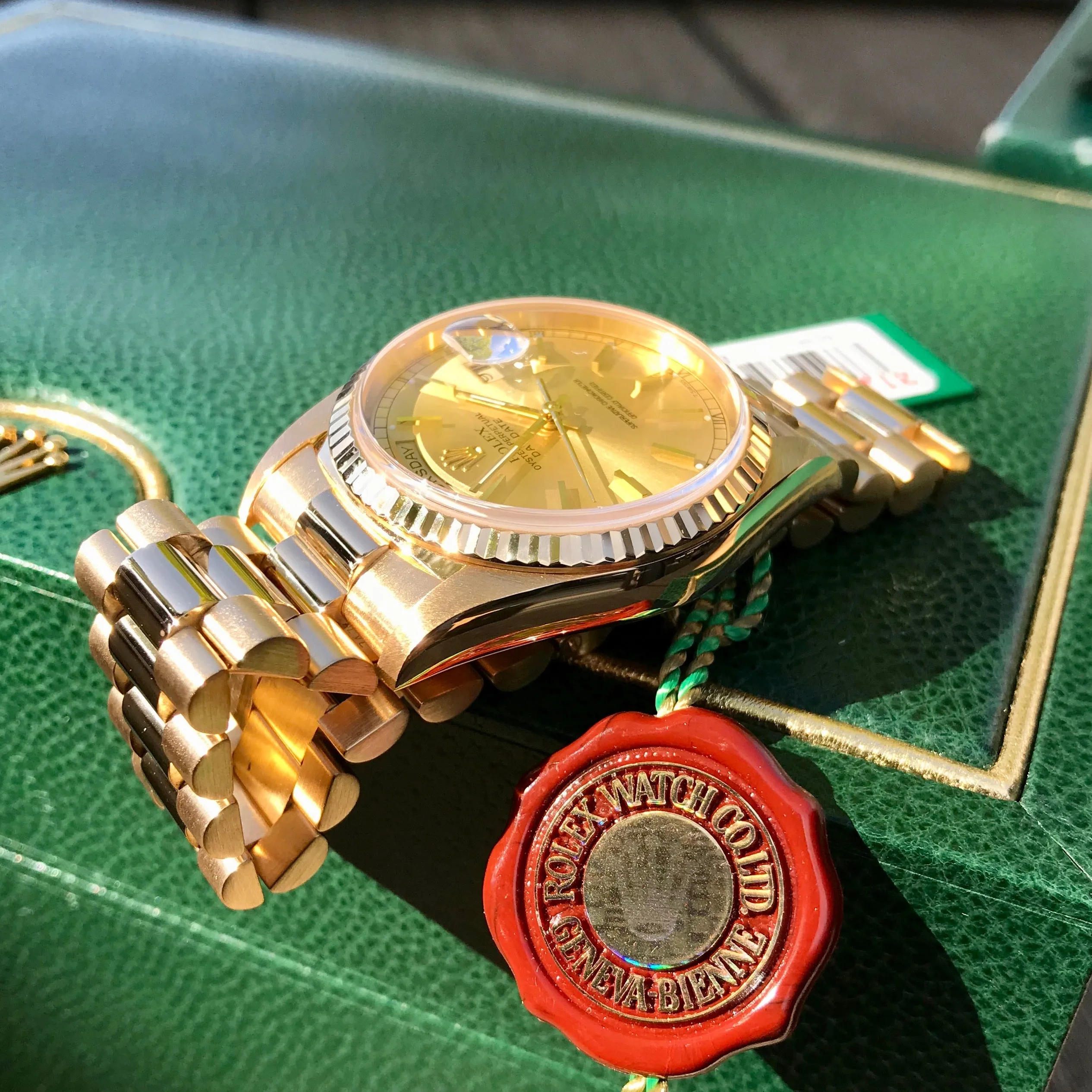 1999 Rolex President 18238 Day Date 18K Yellow Gold Champagne Stick "A" Serial Box Papers MINT