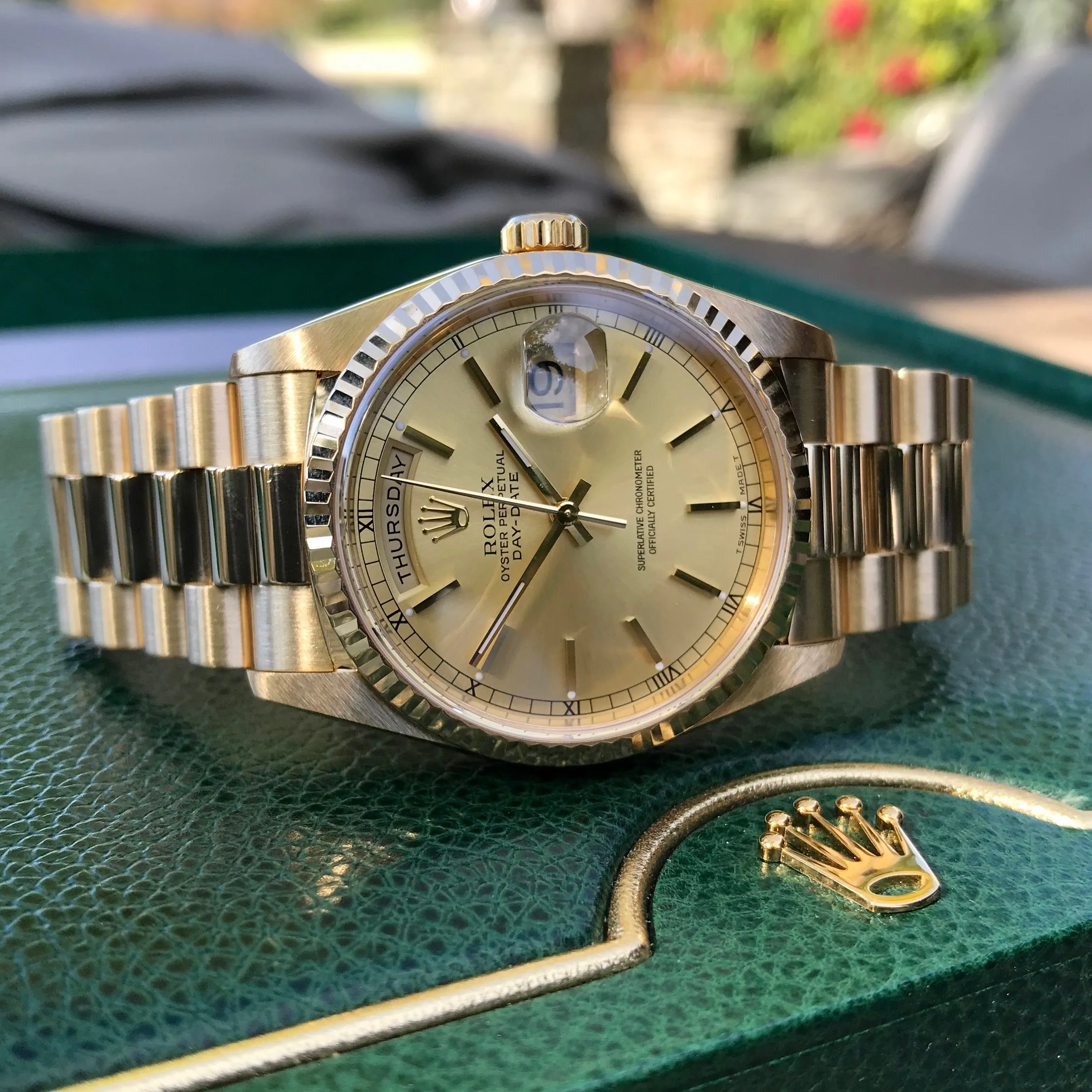 1999 Rolex President 18238 Day Date 18K Yellow Gold Champagne Stick "A" Serial Box Papers MINT