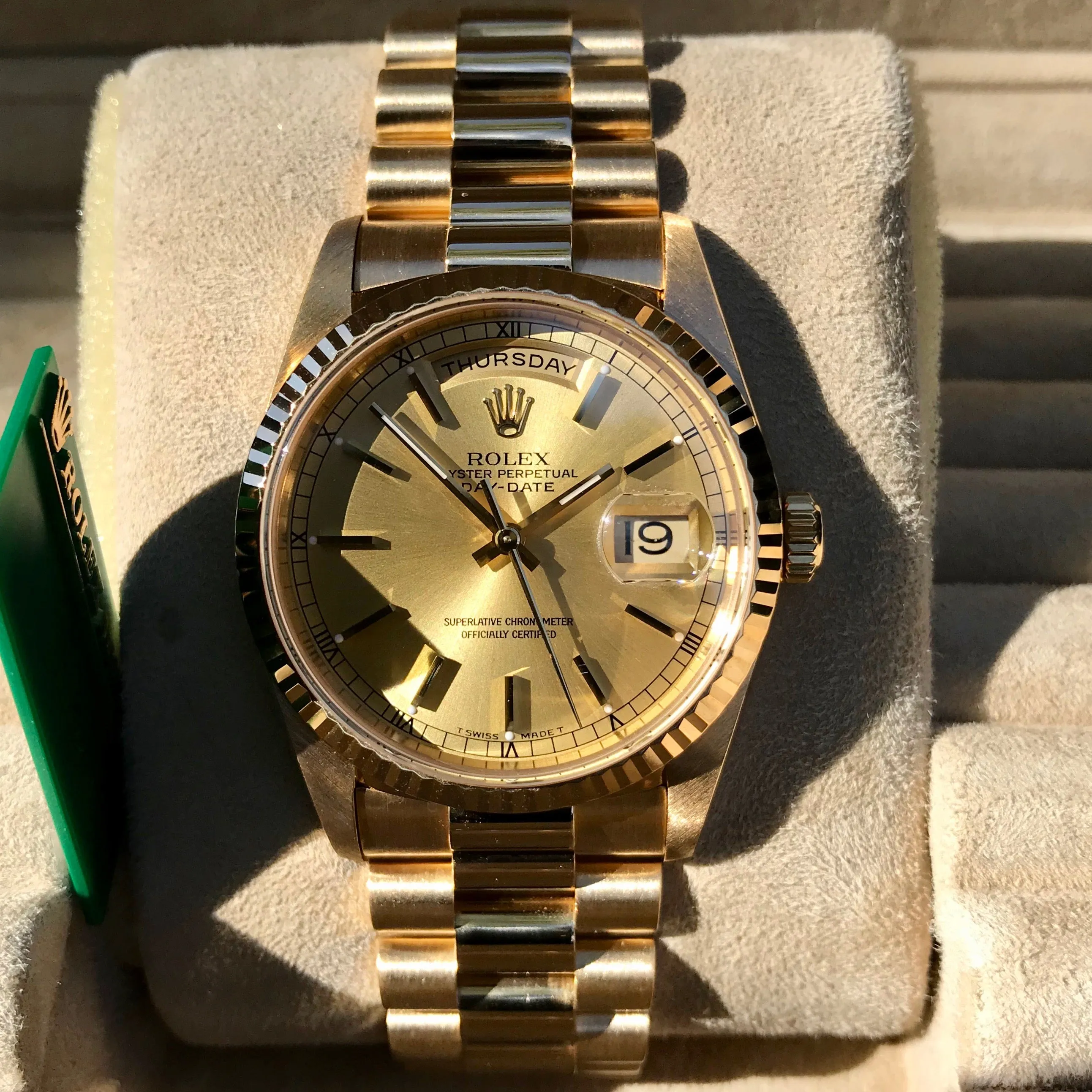 1999 Rolex President 18238 Day Date 18K Yellow Gold Champagne Stick "A" Serial Box Papers MINT
