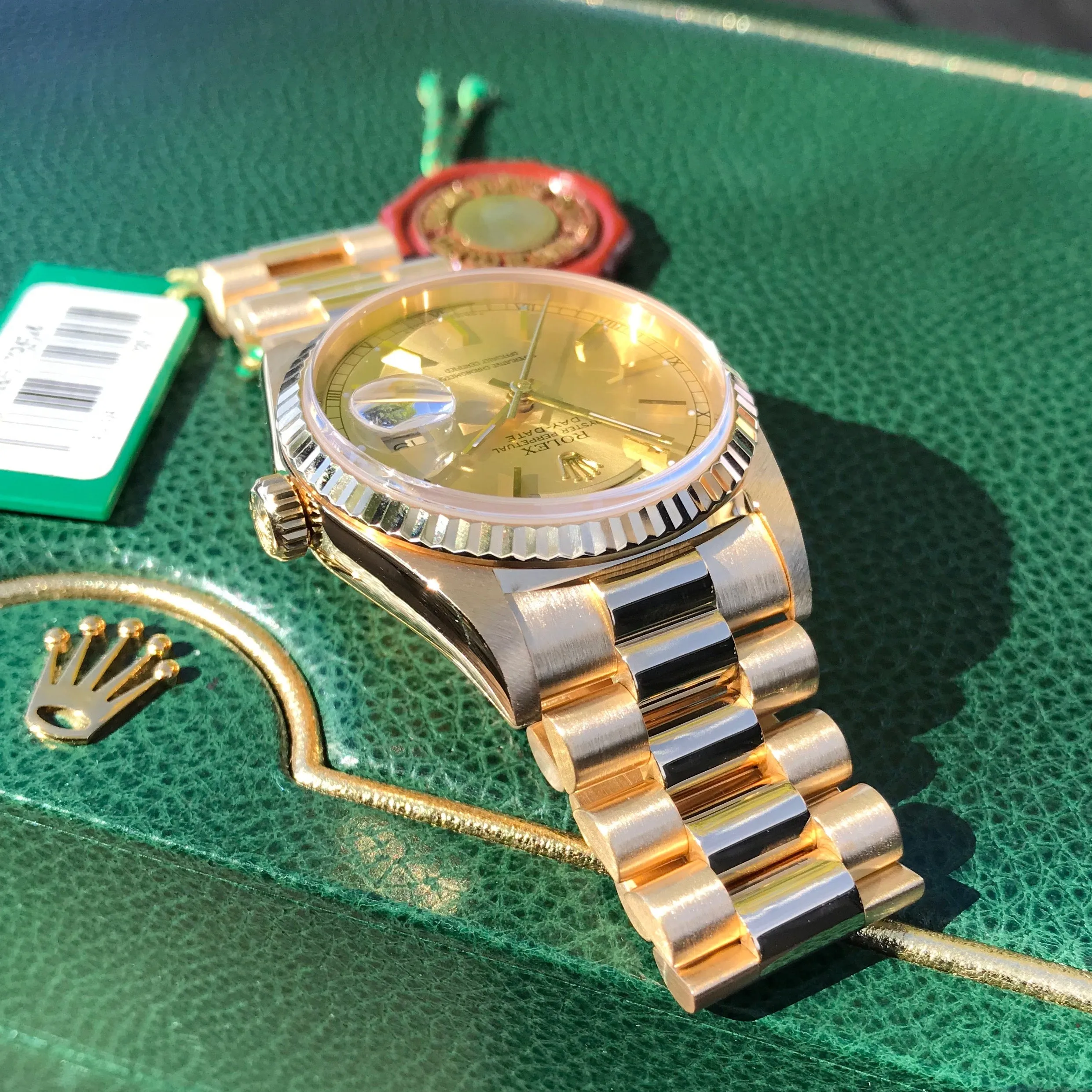 1999 Rolex President 18238 Day Date 18K Yellow Gold Champagne Stick "A" Serial Box Papers MINT