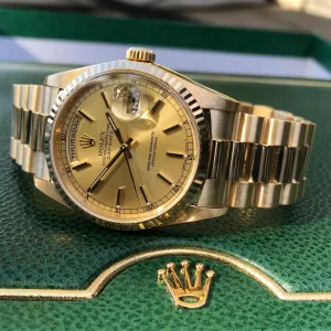 1999 Rolex President 18238 Day Date 18K Yellow Gold Champagne Stick "A" Serial Box Papers MINT
