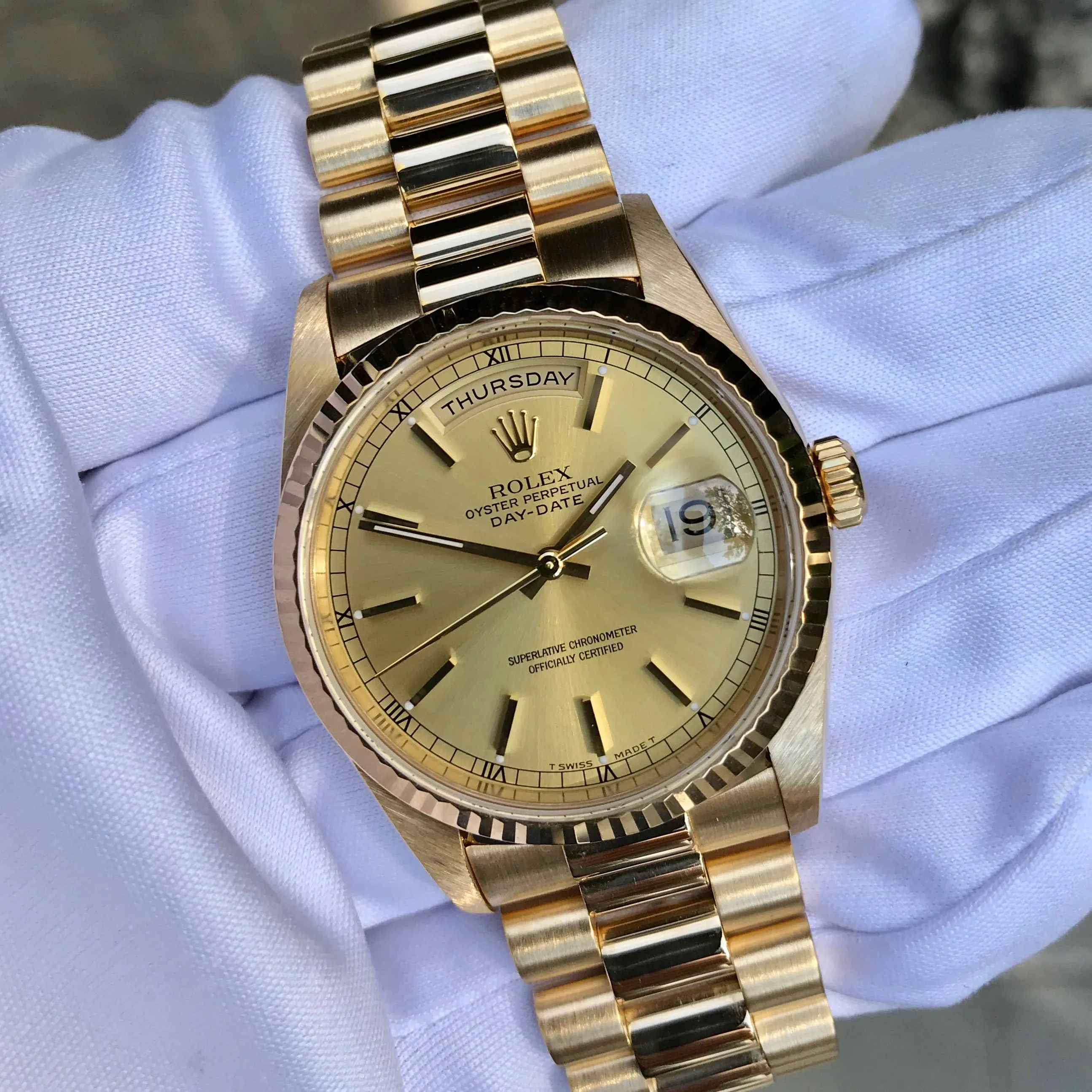 1999 Rolex President 18238 Day Date 18K Yellow Gold Champagne Stick "A" Serial Box Papers MINT