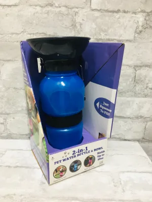 2-IN-1 PET WATER BOTTLE AND BOWL, BLUE! non-slip grip and removable hook-and-loop strap