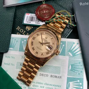 2001 Rolex President 118238 Day Date 18K Yellow Gold Champagne Roman Deco Dial Wristwatch Box Papers