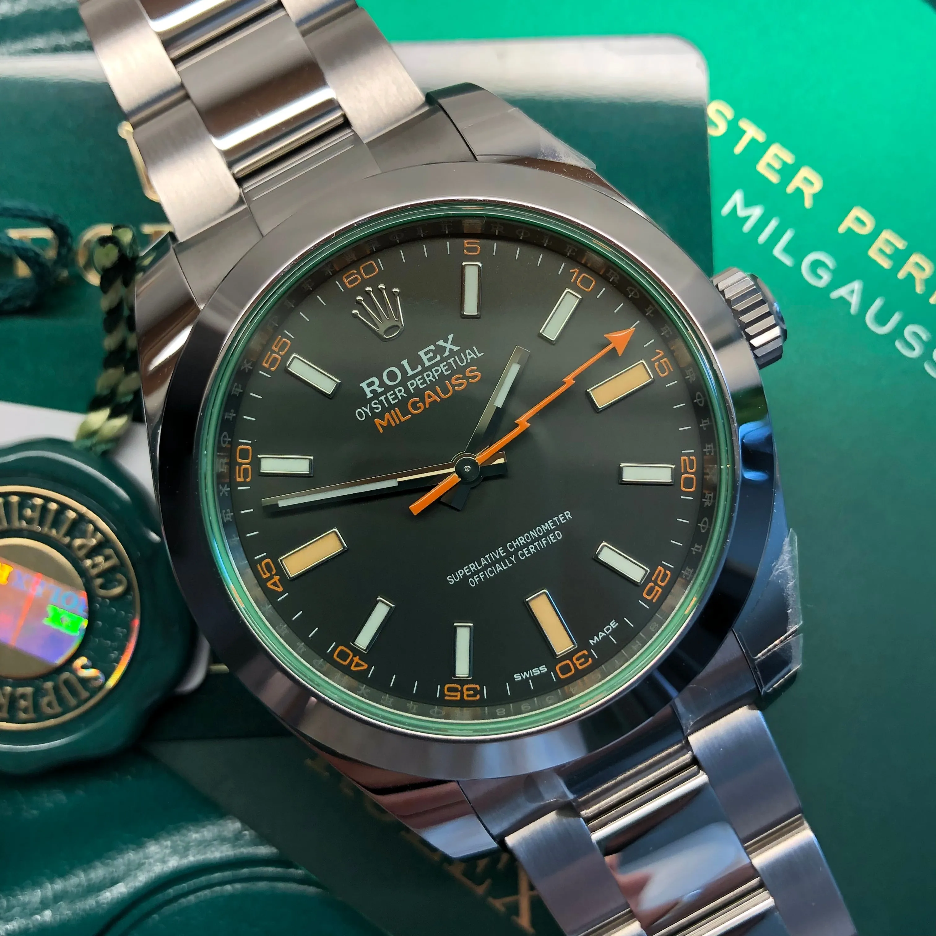 2022 Rolex Milgauss 116400GV Green Steel Oyster Wristwatch with Box and Papers Unworn