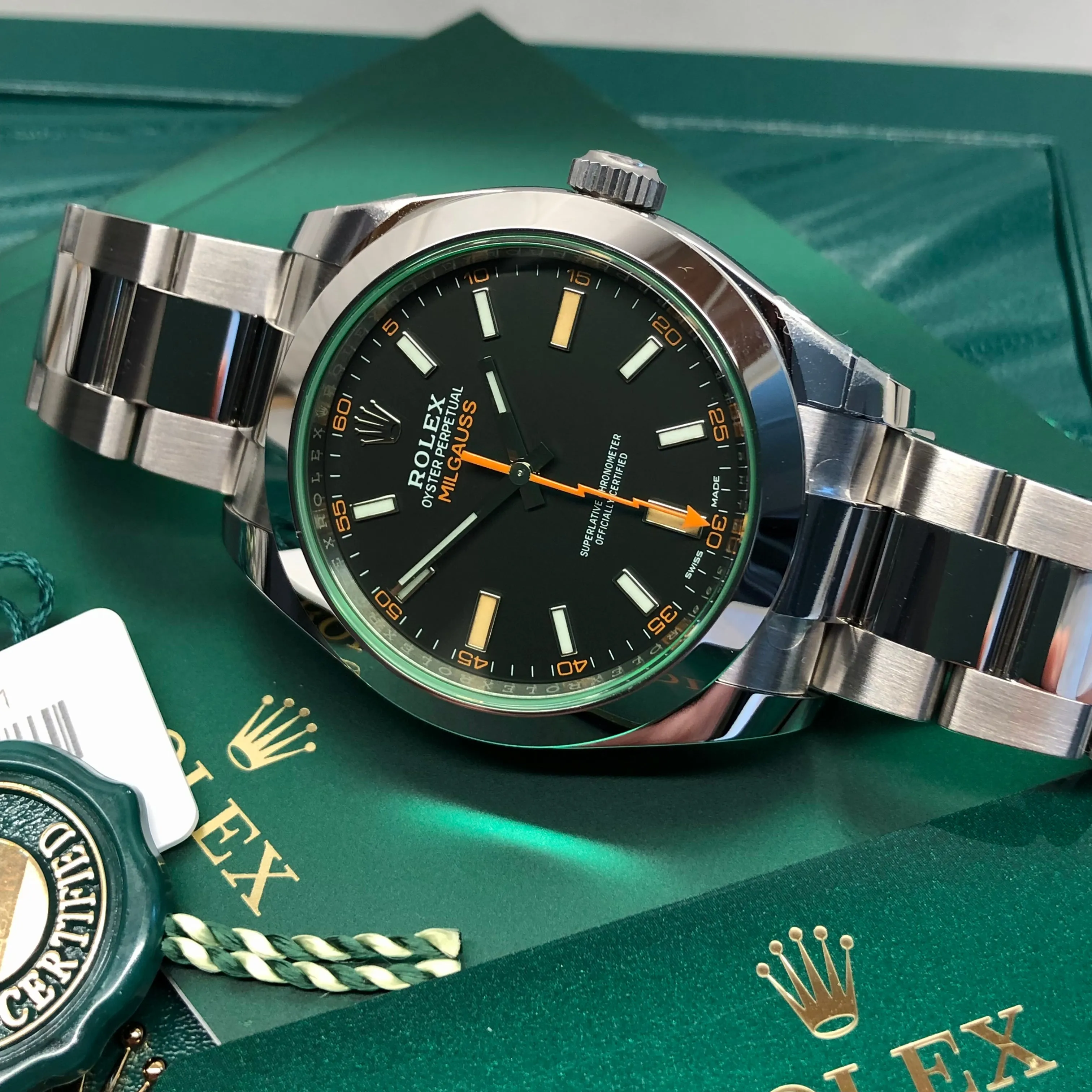 2022 Rolex Milgauss 116400GV Green Steel Oyster Wristwatch with Box and Papers Unworn