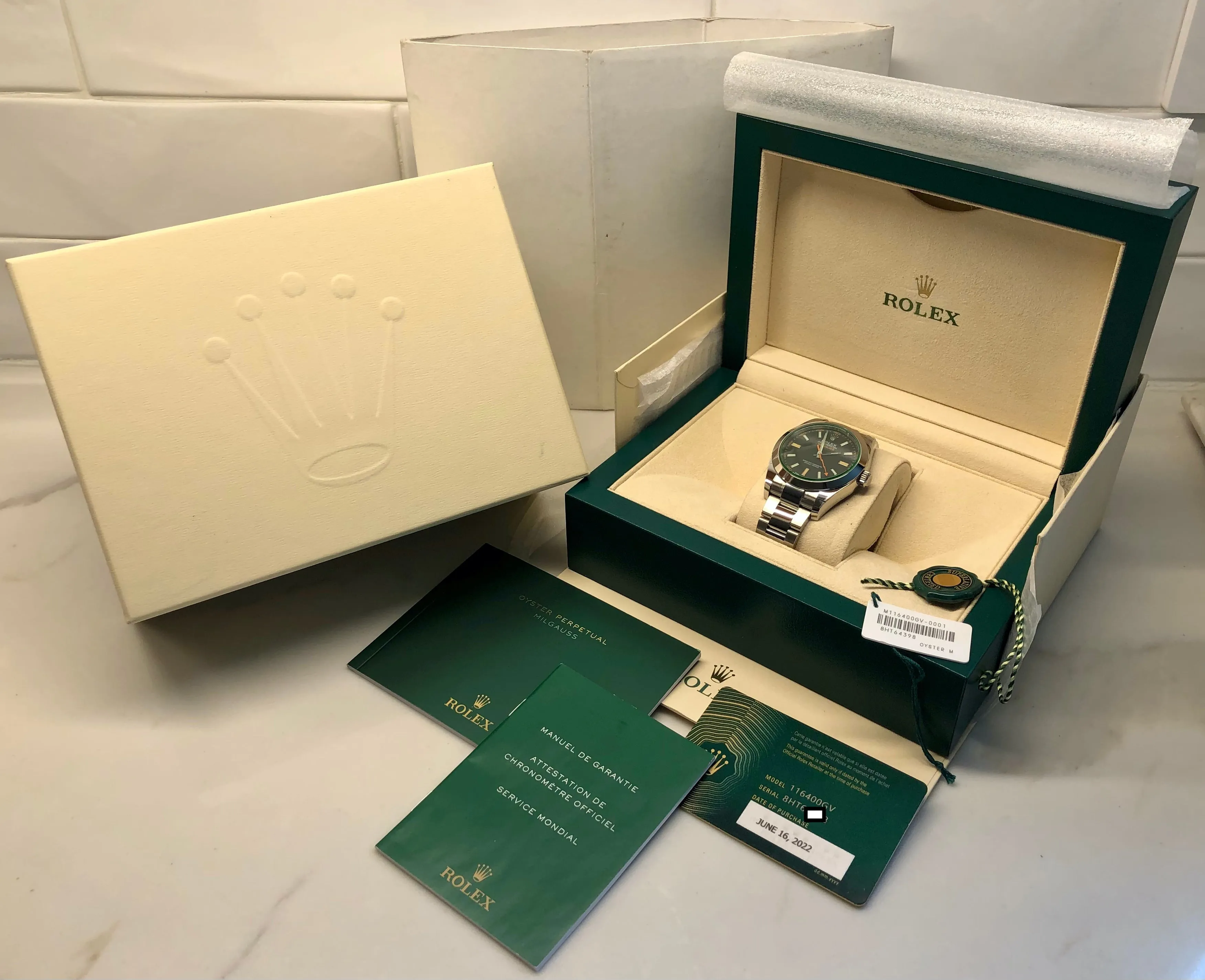 2022 Rolex Milgauss 116400GV Green Steel Oyster Wristwatch with Box and Papers Unworn