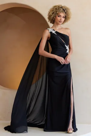 AC 7056 - One Shoulder Jersey Fit & Flare Prom Gown with Rhinestone Embellished Shoulder & Waist Keyhole Top & Shoulder Sash