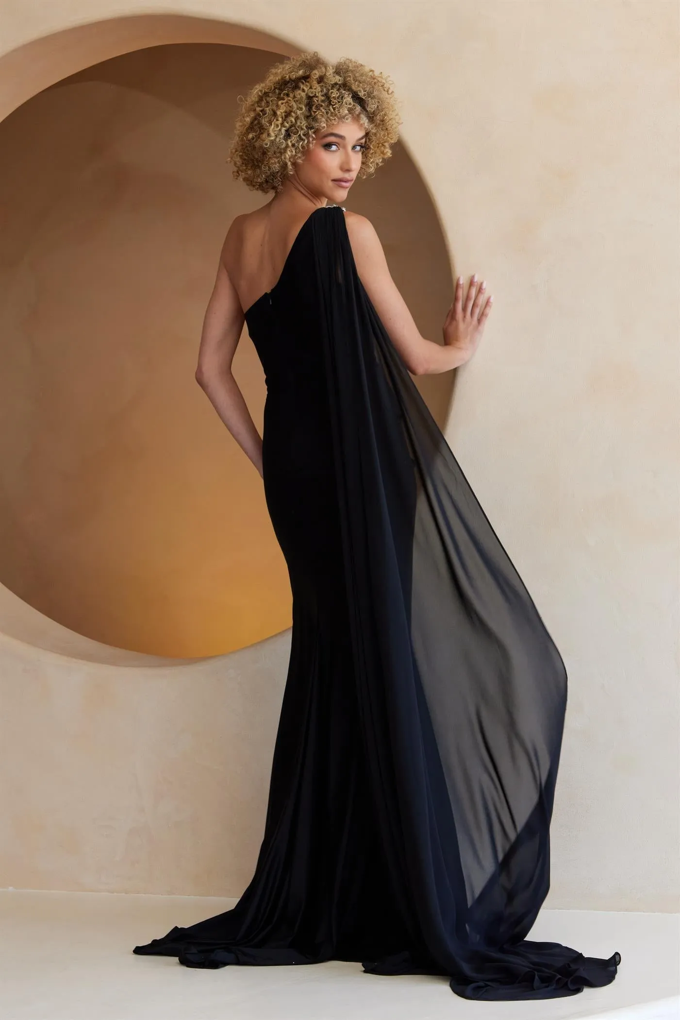 AC 7056 - One Shoulder Jersey Fit & Flare Prom Gown with Rhinestone Embellished Shoulder & Waist Keyhole Top & Shoulder Sash