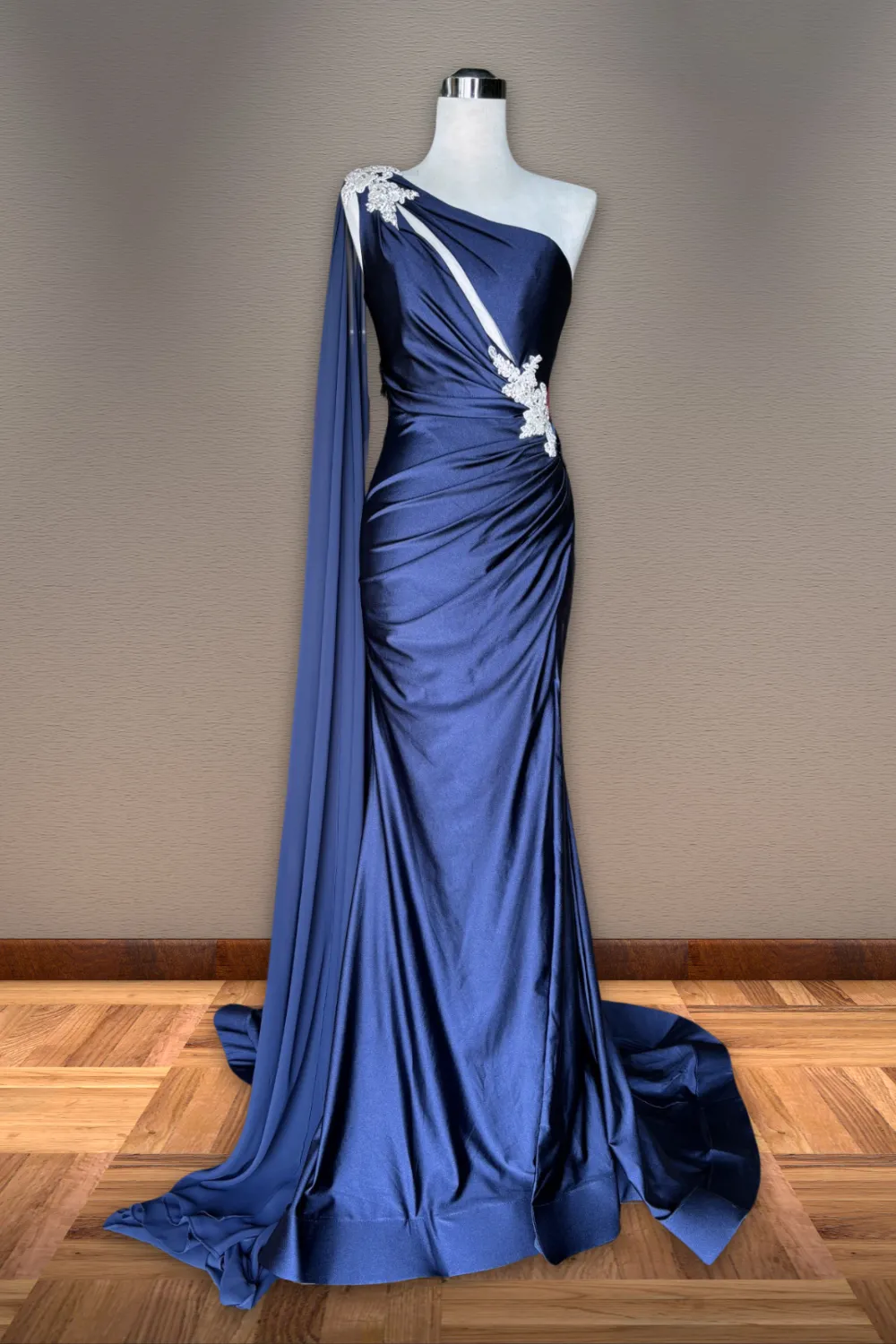 AC 7056 - One Shoulder Jersey Fit & Flare Prom Gown with Rhinestone Embellished Shoulder & Waist Keyhole Top & Shoulder Sash