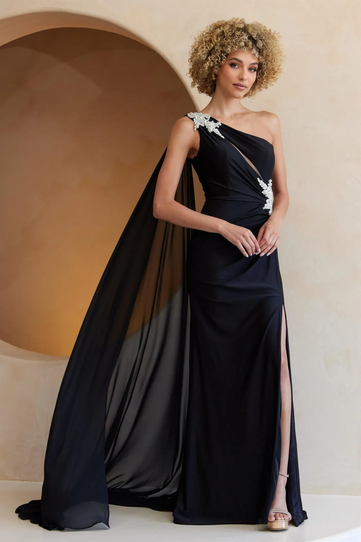 AC 7056 - One Shoulder Jersey Fit & Flare Prom Gown with Rhinestone Embellished Shoulder & Waist Keyhole Top & Shoulder Sash