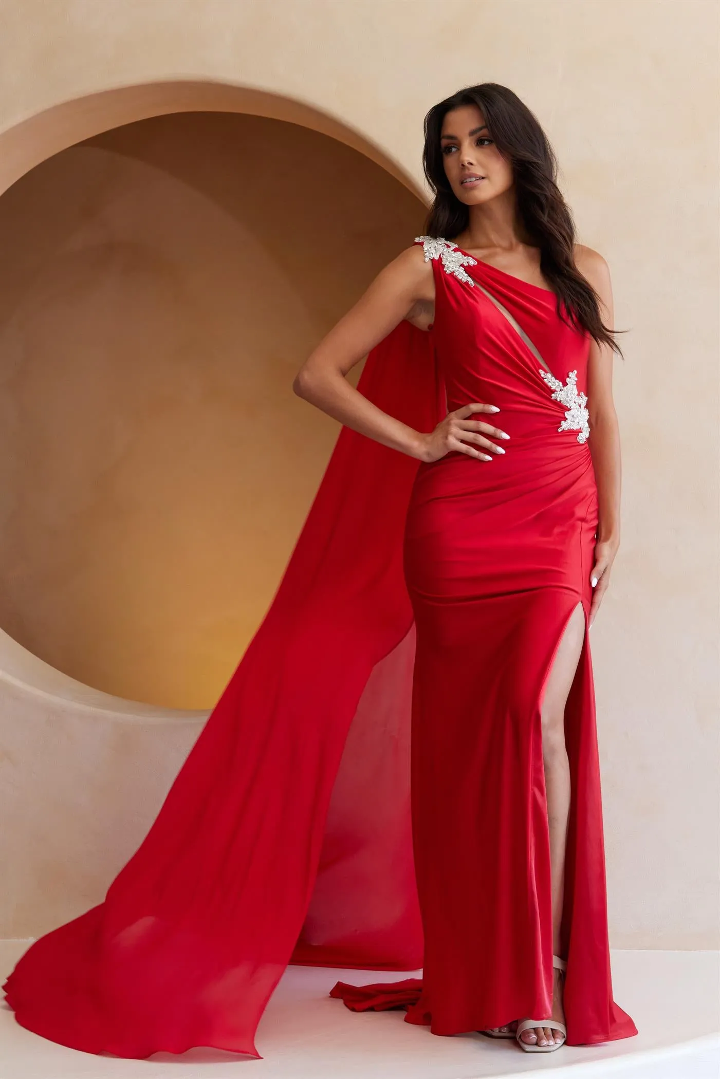 AC 7056 - One Shoulder Jersey Fit & Flare Prom Gown with Rhinestone Embellished Shoulder & Waist Keyhole Top & Shoulder Sash