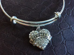 Basketball Crystal Heart Charm Silver Expandable Bangle Bracelet Sports Team Coach Gift Adjustable