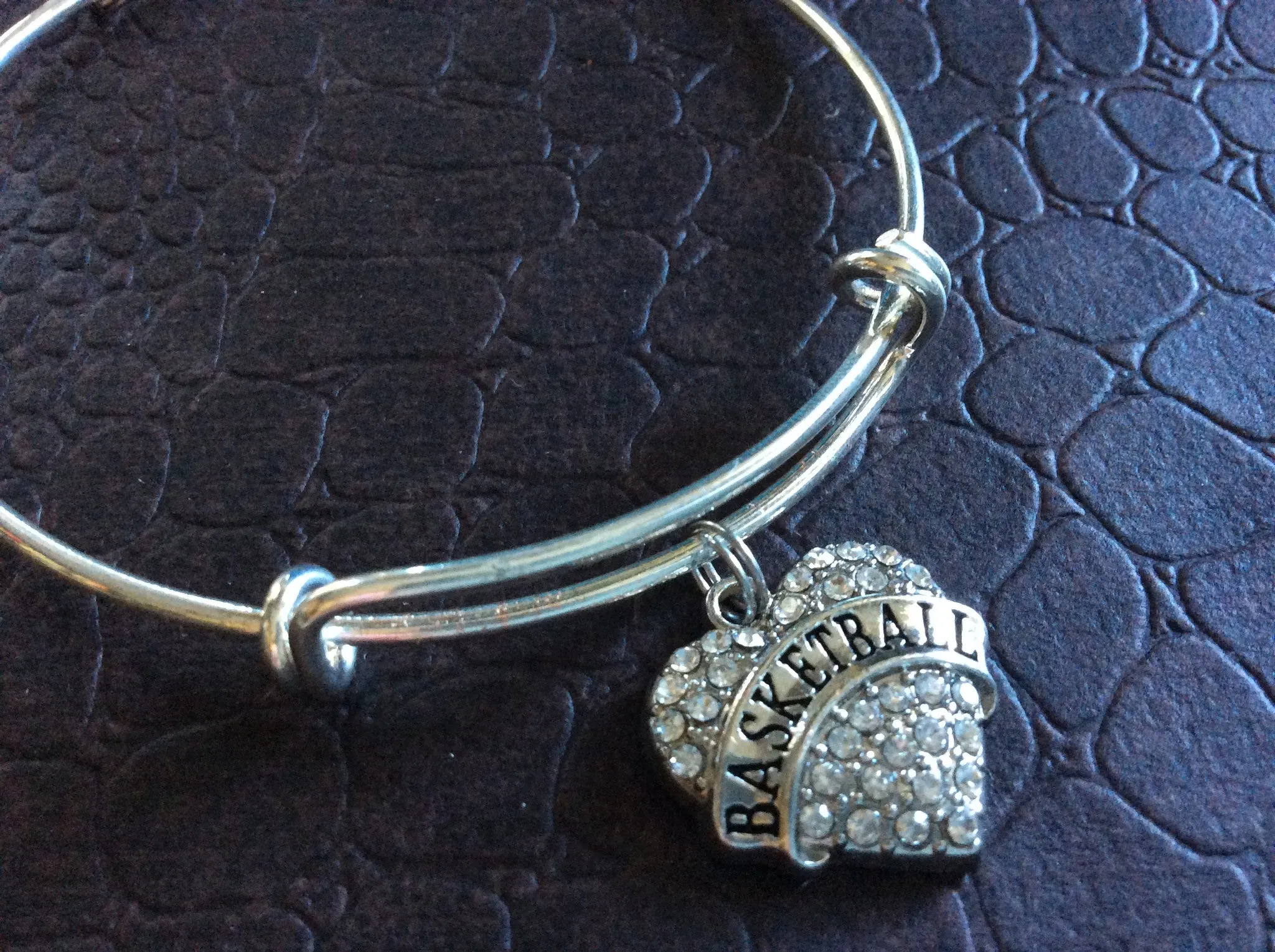 Basketball Crystal Heart Charm Silver Expandable Bangle Bracelet Sports Team Coach Gift Adjustable